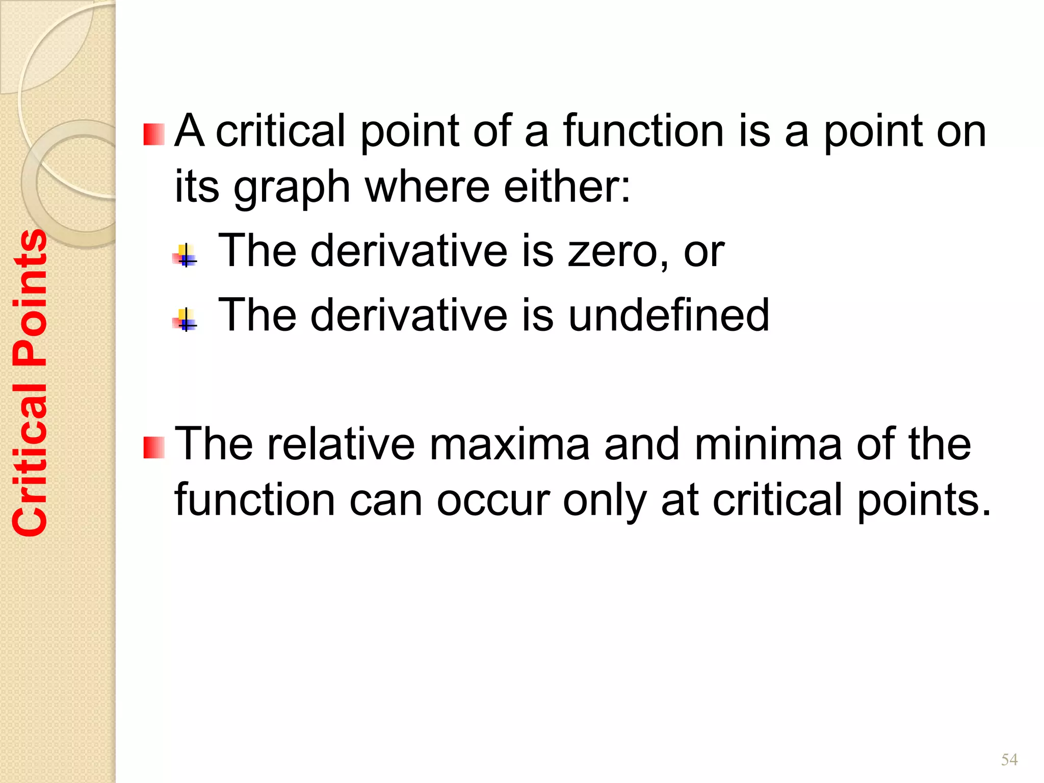 A critical point of a function is a point on
                  its graph where either:
Critical Points



                     The derivative is zero, or
                     The derivative is undefined

                  The relative maxima and minima of the
                  function can occur only at critical points.




                                                                 54
 