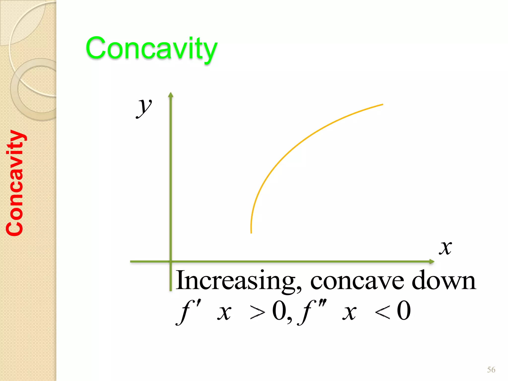 Concavity
               y
Concavity




                                         x
                   Increasing, concave down
                    f x 0, f x 0
                                              56
 