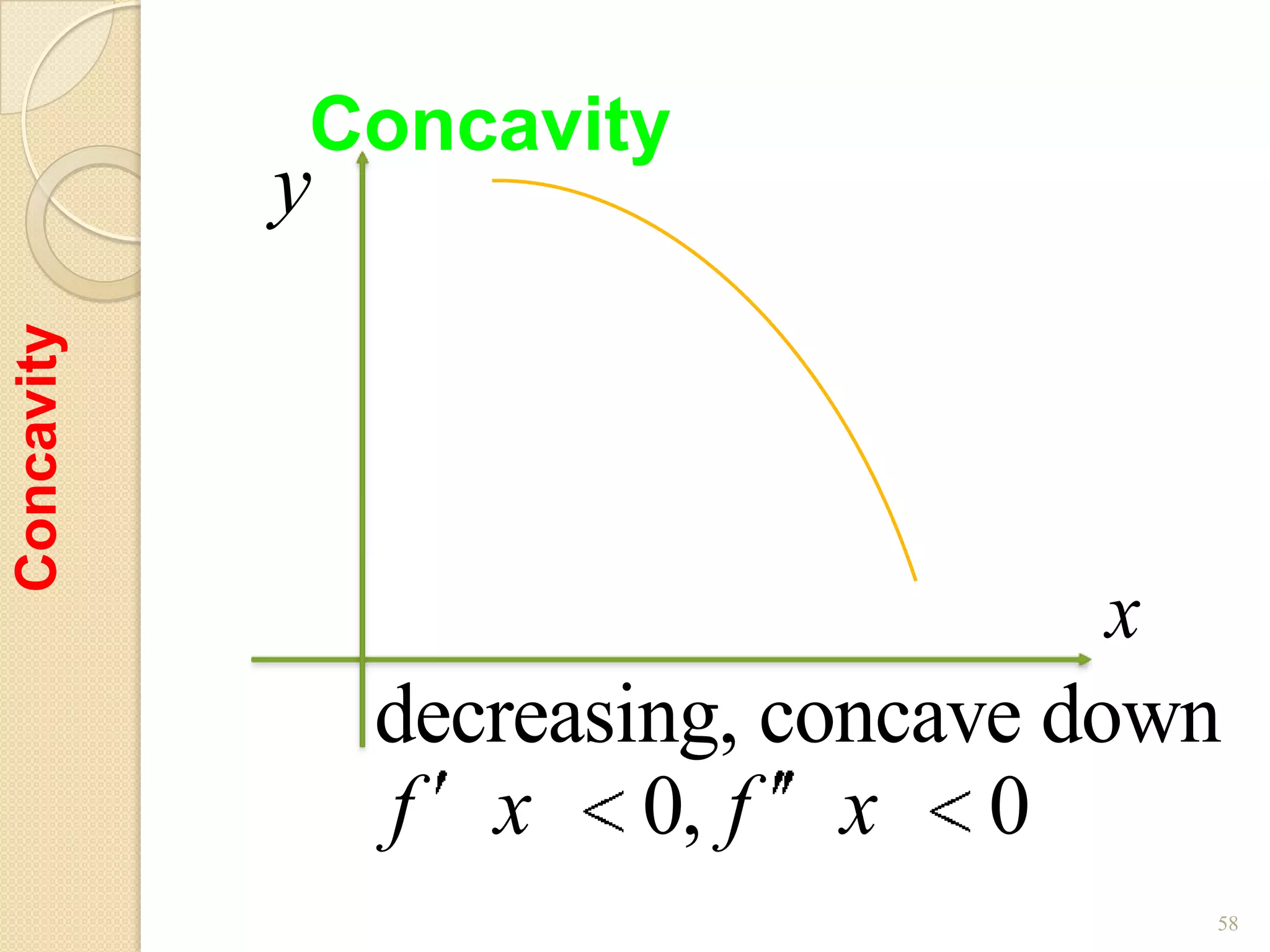 Concavity
            y
Concavity




                                      x
                decreasing, concave down
                f x 0, f x 0
                                       58
 