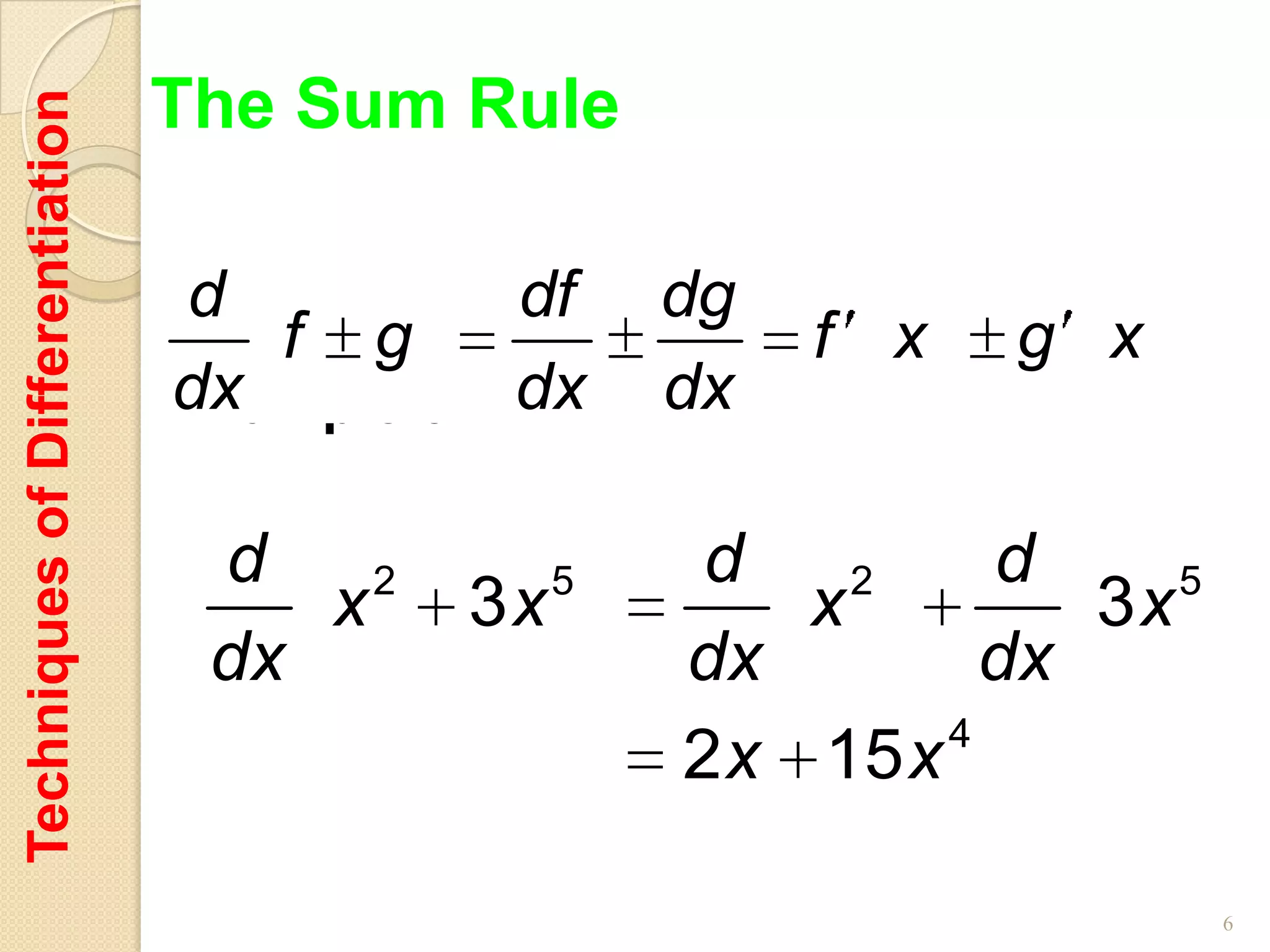 The Sum Rule
Techniques of Differentiation



                                d         df       dg
                                   f g                  f x   g x
                                Example 3 dx
                                dx                 dx

                                 d    2        5    d    2    d     5
                                    x     3x           x         3x
                                 dx                dx         dx
                                                            4
                                                   2 x 15 x

                                                                        6
 