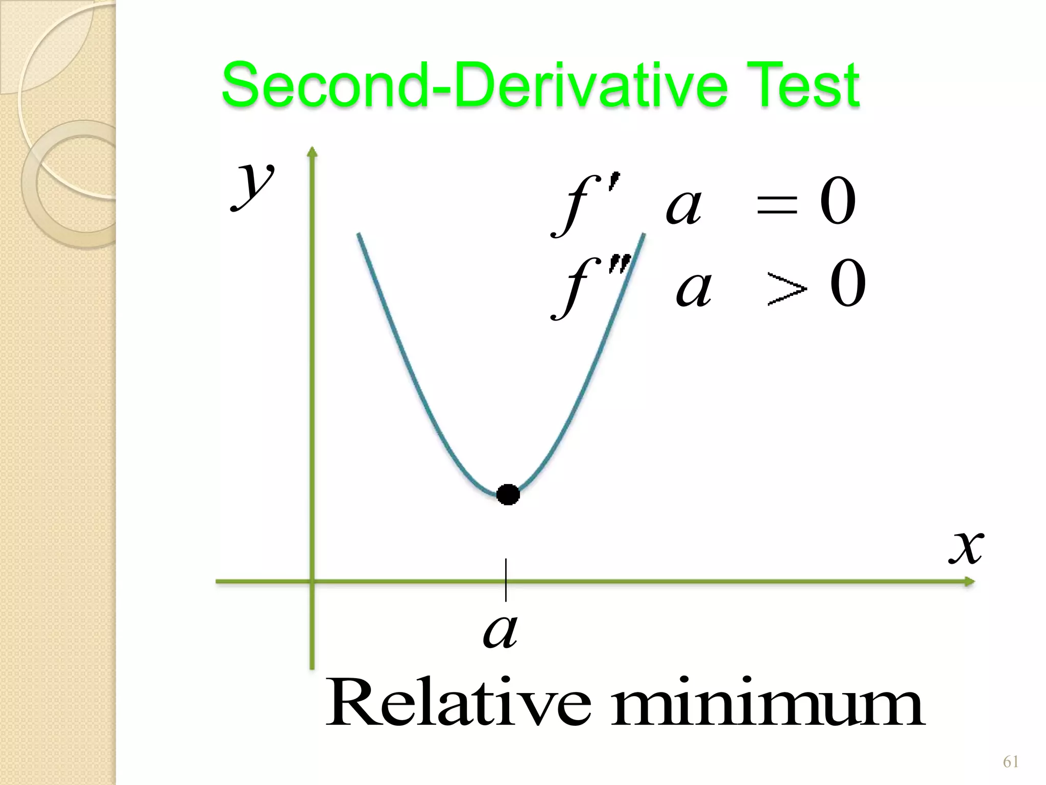 Second-Derivative Test
y          f   a    0
           f   a    0


                         x
        a
    Relative minimum
                             61
 