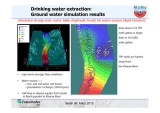 Berlin 06. März 2015
simulated steady-state water table (hydraulic head) for warm season (April-October)
Drinking water extraction:
Ground water simulation results
• represents average flow conditions
• Warm season =>
- river and soil water not frozen
- groundwater recharge (10mm/year)
• GW-flow in alluvial aquifer from South
to North parallel to Kharaa River
draw down in 8 TPP
wells galary is larger
than in 18 USAG
wells galary
TPP wells are further
away from
the Kharaa River
 