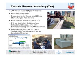 Berlin 06. März 2015
Zentrale Abwasserbehandlung (ZKA)
• ZKA-Darkhan wurde 1964 gebaut (51 Jahre)
• Ablaufwerte sind schlecht
• Erfassung der online Messwerte seit 2006 zur
Überwachung der Prozessabläufe
• Entwicklung des Simulationstools der ZKA
• Erd- und Bauarbeiten, Bauüberwachung,
Installation und Erprobung einer SBR-
Demonstrationsanlage auf der ZKA Darkhan/p2m
• Inbetriebnahme am 10. Sep.2011 durch
Staatsekretärin Frau Erdenezezeg / Bau und
Infrastruktur Ministerium
 