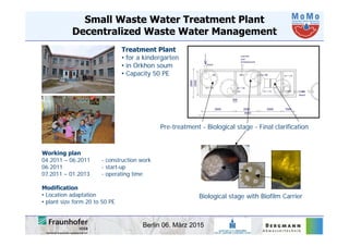 Berlin 06. März 2015
Small Waste Water Treatment Plant
Decentralized Waste Water Management
Pre-treatment - Biological stage - Final clarification
Biological stage with Biofilm Carrier
Working plan
04.2011 – 06.2011 - construction work
06.2011 - start-up
07.2011 – 01.2013 - operating time
Modification
• Location adaptation
• plant size form 20 to 50 PE
Treatment Plant
• for a kindergarten
• in Orkhon soum
• Capacity 50 PE
 