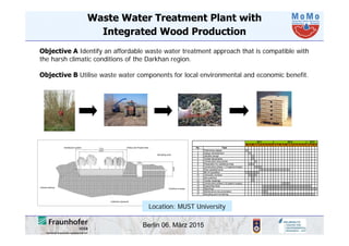 Berlin 06. März 2015
Waste Water Treatment Plant with
Integrated Wood Production
Objective A Identify an affordable waste water treatment approach that is compatible with
the harsh climatic conditions of the Darkhan region.
Objective B Utilise waste water components for local environmental and economic benefit.
M A M J J A S O N D J F M A M J J A S O N D J F M A
No. Task
1 Preliminary design
2 Design development
3 Detailed design
4 Tender documents
5 Construction documents
6 Preparation for additional trials
7 Construction phase 1 (Treatment beds)
8 Plant establishment
9 Bill of Quantities
10 University contract
11 Site selection
12 Tender meetings
13 Construction phase 2 (Irrigation supply)
14 Supporting trials
15 Reporting
16 Maintenance documentation
17 Sampling and monitoring
2011 2012 2013
Distribution system Willow and Poplar trees
Sampling point
Overflow to sewer
Collection pipework
Influent delivery
Location: MUST University
 