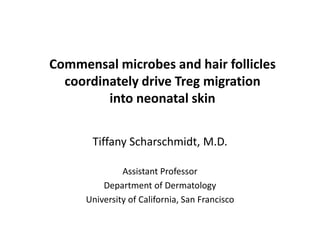 Commensal microbes and hair follicles
coordinately drive Treg migration
into neonatal skin
Tiffany Scharschmidt, M.D.
Assistant Professor
Department of Dermatology
University of California, San Francisco
 