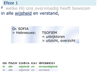 Efeze 1
8 welke Hij ons overvloedig heeft bewezen
in alle wijsheid en verstand,
Gr. SOFIA
> Hebreeuws: TSOFIEM
= uitkijktoren
> uitzicht, overzicht
 