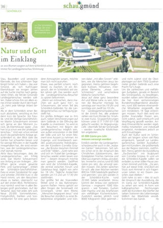 Natur und Gott
im Einklang
20 000 Blumen sorgten auf dem Schönblick schon
immer für Landesgartenschau-Stimmung
und nicht zuletzt sind die Obst-
plantagen auf dem 7500 Quadrat-
meter großen Gelände auch eine
Pracht für’s Auge.
Um die zahlreichen und vielfälti-
gen Aufgaben, gerade im Bereich
des Sinnenparkes, zu bewältigen,
wurden neben zehn Mitarbeitern,
die hier ihren sechsmonatigen
Bundesfreiwilligendienst absolvie-
ren, rund 300 weitere ehrenamtli-
che Mitarbeiter eingestellt, die
sich mindestens 14 Tage einbrin-
gen müssen. Auch dies wird ein
großer finanzieller Posten sein,
nicht zuletzt, weil Unterkunft und
Verpflegung gestellt werden. An-
dere Ehrenamtliche werden regel-
mäßig mitarbeiten und indviduell
eingesetzt, mindestens jedoch an
acht Einsatztagen.
Auch der Kultur wird im Schön-
blick seit langem schon viel Platz
eingeräumt. Speziell zur Landes-
gartenschau werden Ausstellun-
gen mit Künstlern, die größtenteils
aus der Region stammen, stattfin-
den. Hierzu gehört die Ausstellung
„Da-Zwischen“ mit Skulpturen
von Cornelia Grzywa. In und um
die Schönblick-Kapelle sollen sie
einladen zu einer stillen Pause zwi-
schen Himmel und Erde. „Da sein,
hier auf dieser Erde. Und doch ein
Stück vom Himmel in sich tragen:
unser Leben ist ein Dasein zwi-
schen zwei Welten.“
Gott nahe zu sein – dies ist auch
der Anspruch der Ausstellung, die
im Gang zur Schönblick-Kapelle
zu sehen sein wird. In Form von
kalligraphischen Zeichnungen
stellt die Künstlerin Ilse Dörfler die
sieben Stationen des Lebensweges
bildlich dar. Bibelzitate vervoll-
kommnen das Ganze. nb
nen dabei „mit allen Sinnen“ erle-
ben, wie die Menschen Jesus be-
gegneten. Hierzu gehören begeh-
bare Kulissen, Hörszenen, inter-
aktive Elemente, „etwas zum
Schmecken“ und verschiedene
biblische Geschichten.
Jesus auf diese ganz besondere
Art und Weise nahe zu sein, kön-
nen die Besucher montags bis
samstags von neun bis 19 Uhr und
sonntags von zwölf bis 19 Uhr.
Für Landesgartenschaubesucher
ist der Eintritt frei, alle anderen
zahlen vier Euro (Kinder bis 14 Jah-
re zwei Euro). Gruppenführungen
können unter 0 71 71/97 07-1 08
gebucht werden. Im Begegnungs-
café – ebenfalls Teil der Sinnenwelt
– werden israelische Köstlichkei-
ten angeboten.
65 000 Gäste pro Jahr
müssen versorgt werden
Einblick werden die Landesgarten-
schaubesucher auch in die „essba-
ren Gärten“ bekommen. Seit Jah-
ren schon ist es der Anspruch des
Christlichen Gästezentrums, den
Hotelgästen frisches Gemüse und
Obst aus eigenem Anbau anzubie-
ten. Immerhin sind es rund 65 000
Gäste pro Jahr, die versorgt wer-
den müssen. Die Zahlen sprechen
für sich: alle zwei Wochen werden
800 bis 1000 Salatköpfe gepflanzt
und geerntet – pro Jahr werden in
der Schönblick-Küche rund
20 000 Salate verarbeitet. Hinzu
kommt der Anbau von weiterem
Gemüse – insgesamt 1000 Kilo-
gramm – wie Tomaten, Gurken
oder Paprika und das Anpflanzen
von vielfältigen Küchenkräutern.
Zusätzlich werden jährlich rund
8000 Kilogramm Obst geerntet –
dere Atmosphäre sorgen, möchte
man sich nicht ausruhen.
Etwas, was perfekt scheint, noch
besser zu machen, ist ein An-
spruch, der im Schönblick seit vie-
len Jahren gilt. Das werden auch
die Landesgartenschau-Besucher
zu spüren bekommen.
„Wenn wir mitmachen, dann ma-
chen wir auch ganz mit“, so
Scheuermann, der einen Teil des
Schönblick-Geländes für die Lan-
desgartenschau zur Verfügung ge-
stellt hat.
Ein großes Anliegen war es ihm
auch, neben Verschönerungen auf
dem Gelände in die Öffnung der
Kapelle zu investieren. So wird es
den Besuchern mit Beginn der
Landesgartenschau möglich sein,
von außen einzutreten in die Welt
der Stille und sich für einen Mo-
ment eine Auszeit zu nehmen. Im
Zugangs- und Innenbereich wer-
den ausdrucksstarke Holzskulptu-
ren der Künstlerin Cornelia Grzy-
wa „die Brücke zwischen Himmel
und Erde“ bilden. „Gott nahe sein
und sich im Trubel der Landesgar-
tenschau wieder erden lassen von
ihm“ – diesem Anspruch möchte
man gerecht werden. Geöffnet
sein wird die Schönblick-Kapelle,
die zentral zwischen Forum und
Gästehaus liegt, täglich von zehn
bis 18 Uhr. Tägliche Andachten
werden um 13 und um 17.30 Uhr
stattfinden.
Der größte Teil der finanziellen
Mittel wird in das Rahmenpro-
gramm fließen. Hierzu gehört vor
allen Dingen die Sinnenwelt mit
Sinnenpark. Unter dem Motto
„Menschen begegnen Jesus“ sind
die Besucher stündlich zu einer Bi-
belzeitreise eingeladen und kön-
Stau, Baustellen und versteckte
Kleinode, die ihre schönsten Tage
längst hinter sich haben – das war
Gmünd, als sich Karl-Eugen
Ebertshäuser vor einigen Jahren
auf die Suche machte nach geeig-
neten Orten, die Teil der Gmünder
Landesgartenschau werden soll-
ten. Dabei schoss ihm vor allem ei-
nes immer wieder durch den Kopf:
„Es steht jede Menge Arbeit be-
vor.“
Als er dem Schönblick einen Be-
such abstattete, verschlug es ihm
dann kurz die Sprache. Vor Freu-
de. Und der dortige Geschäftsfüh-
rer Martin Scheuermann erinnert
sich gerne an den Moment zu-
rück, als Ebertshäuser sagte: „Das
hier ist ja schon wie die Landesgar-
tenschau.“ Und wer schon einmal
durch die parkähnliche Anlage ge-
schlendert ist, den Blick über die
Gärten hat schweifen lassen und
für wenige Minuten in der Kapelle
innegehalten hat, der wird verste-
hen, was der Landesgartenschau-
chef damals meinte.
Aktiv dazu beizutragen, dass die
Landesgartenschau ein Erfolg
wird, war Martin Scheuermann
von Anfang an ein Anliegen. „Wir
öffnen gerne unsere gesamte
Park- und Gartenanlage“, erklärt
der Schönblick-Geschäftsführer.
Dass er einen Sonderetat für sage
und schreibe 250 000 Euro in die
Hand nimmt, um den Besuchern
etwas zu bieten, überrascht nur
auf den ersten Blick. Perfektionis-
mus nämlich wird hier in allen Be-
langen groß geschrieben. Auf der
Tatsache, dass hier jedes Jahr aufs
Neue 20 000 Sommerblumen,
Frühjahrsfloh, Dahlien und Son-
nenblumen für eine ganz beson-
36
SCHÖNBLICK
schönblick
 Die Schönblick-
Anlage übt eine
ganz besondere
Atmosphäre aus.
 