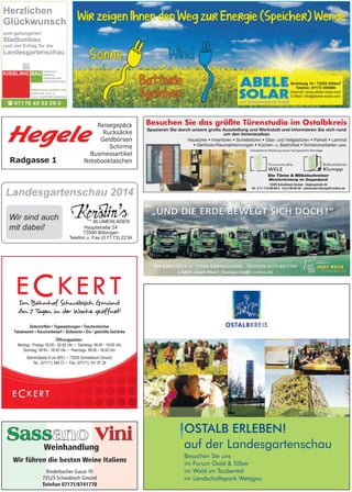 Reisegepäck
Rucksäcke
Geldbörsen
Schirme
Businessartikel
Notebooktaschen
Öffnungszeiten:
Montag - Freitag: 05:00 - 20:00 Uhr • Samstag: 06:00 - 19:00 Uhr
Sonntag: 09:00 - 18:00 Uhr • Feiertags: 09:00 - 16:00 Uhr
Bahnhofplatz 6 (im Bhf.) • 73525 Schwäbisch Gmünd
Tel.: (07171) 389 73 • Fax: (07171) 181 97 28
Zeitschriften • Tageszeitungen • Taschenbücher
Tabakwaren • Raucherbedarf • Süßwaren • Eis • gekühlte Getränke
Im Bahnhof Schwäbisch Gmünd.
An 7 Tagen in der Woche geöffnet!
Herzlichen
Glückwunsch
zum gelungenen
Stadtumbau
und viel Erfolg für die
Landesgartenschau
 