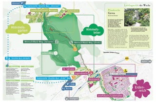 Lieblingseckle der Woche
nem Foto aus diesen Gärten. Nein, aber
an Sandsteinterrasse und Söllerturm der
einstigen Sommervilla der Familie Buhl aus
dem 19. Jahrhundert grünt es derart satt
und üppig, dass sich der Vergleich auf-
drängt.
Und ganz nebenbei gibt es dort auch Höh-
len und Stollen im Stubensandsteinhang
zu erkunden, die gesichert aus frühmittel-
alterlicher Zeit, vielleicht aber auch viel, viel
älter sind. bt
Am Salvator ist nicht Schluss.
Am Salvator führen jetzt
ein kleiner Weg und
eine kleine Brücke an der
metallenen Lichtfigur
der Herzogin vorbei in
die Pfanderschen Gärten.
Diese haben – zumindest in dem für die
Öffentlichkeit zugänglichen Teil – ein we-
nig vom dem Zauberhaften, Verwunsche-
nen verlorenen, das sich mit solchem Besu-
cherandrang wohl nicht verbinden lässt.
In den vergangenen Jahren ist dort nichts-
destotrotz ein Garten entstanden, dessen
Quellfassungen, Mäuerchen, Türmchen
und Terrassen, dessen verschlungene
Wege, Bäche und Nischen sowie die
Brunnen mit ihren Moosen und Farnen
auch in dem relativ kleinen, für die Garten-
schau geöffneten Bereich von einem
Charme sind, dem sich zu entziehen
schwer ist.
„Amazonas?“ schreibt ein Freund zu ei-
Ein Löwenkopf thront über der
in Stein gefassten mittleren Quelle
– die obere ist vom Bänkle aus links
über der Teichwiese zu sehen.
Pfandersche
Gärten
Wo die Zeit still steht
2-2 / 7-211 / Bildlegende
Öffnungszeiten
Die Besucher dürfen sich bis zum
Einbruch der Dunkelheit auf dem
Landesgartenschaugelände aufhalten
und können dieses dann durch die
Drehkreuze verlassen.
Zugang zum Gelände mit Karte
täglich von 9 bis 20 Uhr,
bei Sonderveranstaltungen länger.
Kassenöffnung 9 bis 19 Uhr
Shuttle-Bus
Der Shuttle-Bus fährt
täglich von 9 bis 20 Uhr,
alle 15 Minuten.
Abfahrt unten:
Parkplatz Erde und EULE
Abfahrt oben:
Bushaltestelle Himmel
Die Fahrt ist im Eintritt inbegriffen.
Elektrozüge
Mit Elektrozügen sind im Bereich
Erdenreich die Schauplätze der
Gartenschau mit der historischen
Innenstadt verknüpft (Rundkurs).
Eine zweite Schleife mit dem
sogenannten Naturstromer führt
auch zur Himmelsleiter
ins Taubental und zur Jugendmeile
unterhalb des St. Salvator.
Die Nutzung der Elektrozüge kostet
zwei Euro pro Tag.
Naturstromer-Haltestellen
Linie Innenstadt:
Ledergasse, Johannisplatz/
Marktplatz, Kalter Markt,
Unterer Marktplatz, Am Bockstor.
Linie Remspark/Taubental:
Parkplatz Erdenreich, Jugendmeile,
Ledergasse, Am Bockstor,
Sparkassenplatz, Jugendmeile,
Taubental.
Pedelecs:
In Bahnhofsnähe an der
Jugendmeile befindet sich eine
Verleihstation für Elektrofahrräder
(gegen Gebühr).
 