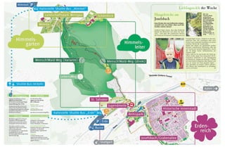Lieblingseckle der Woche 
Energieträger hinaus. Vielleicht ist die Hän-gebrücke 
über den Josefsbach aber auch 
einfach eine originelle Installation an einem 
schönen Fleckle der Grabenallee. 
Neben den sieben neu gestalteten großen 
Brücken, Josenbrücke, Fehrlesteg, oder die 
von Grund auf sanierte Olgabrücke, macht 
die 18 Meter breite Seilnetzbrücke am 
meisten Spaß. 
Dafür, dass sie für die Kinder der Stadt ge-stiftet 
wurde, legen hier erstaunlich oft Er-wachsene 
mittendrin in der Hängepartie 
ein Päusle ein, wippen ein bisschen – fühlen 
sich wie David Livingstone oder Daktari und 
was sie immer als Kind gespielt haben – 
oder genießen es einfach, überm glitzern-den 
Wasser des Josefsbachs zu schweben 
und zu sinnieren. bt 
Dass Kinder die rote Seilbrücke mögen, 
versteht sich von selbst. Aber auch die 
Großen stehen darauf. 
Vielleicht liegt’s daran, dass alles fließende 
Wasser die Menschen von alters her faszi-niert 
– weit über den praktischen Nutzen 
der Flüsse als Fischgrund, Handelsroute und 
Die von 
Thomas Peter 
entworfene 
Seilbrücke lockt. 
Der sechsjährige 
Philipp nutzt 
sie regelmäßig, 
auch weil er 
Spielplatz und 
Kletterskulptur 
auf der anderen 
Seite, in der 
Josefsanlage, so 
mag. Fotos: bt 
Hängebrücke am 
Josefsbach 
Öffnungszeiten 
Zugang zum Gelände mit Karte 
täglich von 9 bis 20 Uhr, 
bei Sonderveranstaltungen länger. 
Kassenöffnung 9 bis 19 Uhr 
Die Besucher dürfen sich bis zum 
Einbruch der Dunkelheit auf dem 
Landesgartenschaugelände aufhalten 
und können dieses dann durch die 
Drehkreuze verlassen. 
Shuttle-Bus 
Der Shuttle-Bus fährt 
täglich von 9 bis 20 Uhr, 
alle 15 Minuten. 
Abfahrt unten: 
Parkplatz Erde und EULE 
Abfahrt oben: 
Bushaltestelle Himmel 
Die Fahrt ist im Eintritt inbegriffen. 
Elektrozüge 
Mit Elektrozügen sind im Bereich 
Erdenreich die Schauplätze der 
Gartenschau mit der historischen 
Innenstadt verknüpft (Rundkurs). 
Eine zweite Schleife mit dem 
sogenannten Naturstromer führt 
auch zur Himmelsleiter 
ins Taubental und zur Jugendmeile 
unterhalb des St. Salvator. 
Die Nutzung der Elektrozüge kostet 
zwei Euro pro Tag. 
Naturstromer-Haltestellen 
Linie Innenstadt: 
Ledergasse, Johannisplatz/ 
Marktplatz, Kalter Markt, 
Unterer Marktplatz, Am Bockstor. 
Linie Remspark/Taubental: 
Parkplatz Erdenreich, Jugendmeile, 
Ledergasse, Am Bockstor, 
Sparkassenplatz, Jugendmeile, 
Taubental. 
Pedelecs: 
In Bahnhofsnähe an der 
Jugendmeile befindet sich eine 
Verleihstation für Elektrofahrräder 
(gegen Gebühr). 
 