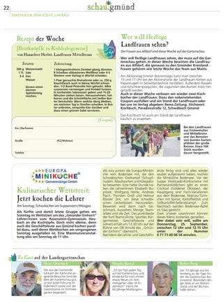 +.+-


 
+3- 
Weitere Informationen 
zum Tagesprogramm 
auch im Internet: 
www.gmuend2014.de 
10 
VERANSTALTUNGEN DER WOCHE 
+3- 
Weleda) 
 12 Uhr: Mittagsgebet am 
Kreuztisch 
 13 bis 16 Uhr: Weltweit 
größte Sinn-Puzzleaktion auf 
der Landesgartenschau 
 13, 15 und 17 Uhr: Mario-nettentheater 
„Kabinetto“ 
(Handwerkermarkt) 
 14 Uhr: Faszination Honig-biene 
(Imker) 
 14 Uhr: Workshop „Pflanzen 
malen“ (Pavillon Weleda) 
 15 Uhr: Veeh Harfen-Kon-zert: 
Musikalischer Naturgar-ten 
(Kolomankirche) 
 16 Uhr: Schwäbisch Gmün-der 
Akkordeonorchester - 
„Fascinating Rhythm“ 
(Remspark-Bühne) 
 18 Uhr: Ostalbvesper der 
Stadt Lorch (Ostalbgarten) 
 19.30 Uhr: Sabrina Weckerlin 
– ein Konzert für die Deut-sche 
Stiftung für Menschen 
mit Downsyndrom (Sparkas-senbühne) 
 20.15 Uhr: „Fack yu Göhte“, 
Open-Air-Kino (Remspark- 
Bühne) 
Ganztägig: Weleda Herbstfest 
(Weleda Erlebniszentrum Wetz-gau); 
Gartenfachberatung zum 
Thema Pflanzenstärkung (Gar-tenfreunde); 
Weltkindertag Rat-haus 
(elf bis 17 Uhr); Downsyn-drom- 
Tag (Remspark-Bühne) 
 10 Uhr: Workshop „Pflanzen 
malen“ (Ereignishaus Weleda) 
 11 Uhr: Herstellung von duf-tenden 
Seifenkugeln (Weleda 
Erlebniszentrum) 
 11 Uhr: Weinproben der 
Remstalweingärtner 
(Haus an der Rems) 
 11 Uhr: Rasseln  Kirschkern-püppchen 
zugunsten des 
Bunten Kreises (Landfrauen) 
 11 Uhr: Wirbelsäulenchirur-gie- 
Stauferklinikum (Ausstel-lung 
und Vorträge) 
 12 Uhr: Der Geiger von 
Gmünd in Dichtung, Musik 
und Kunst (Johanniskirche) 
 12 Uhr: Workshop: Beduften 
von Cremes (Ereignishaus 
Weleda) 
 12 bis 17 Uhr: Workshops 
„Seidenpapierherzen zum 
Aufhängen“ (Pavillon 
 15.30 Uhr: Sonntagskonzert 
(Salvator) 
 16 Uhr: Dialoge zwischen 
Himmel und Erde, mit Bischö-fin 
Rosemarie Wenne, 
EmK Deutschland 
(Kreuztisch) 
 17 Uhr: „Herr, schmeiß Hirn 
ra!“ – Schwäbischer Abend 
mit Dr. Gerhard Raff und sei-nen 
Illustratoren Professor 
Dieter Groß und Bernd Stolz 
(Johanniskirche) 
 18 Uhr: Blumenversteige-rung 
der Werkstücke (Treff-punkt 
Baden-Württemberg) 
 20.15 Uhr: „Der Hundertjäh-rige, 
der aus dem Fenster 
stieg und verschwand“, 
Open-Air-Kino (Remspark- 
Bühne) 
+-- 
Ganztägig: Blumenhalle wegen 
Umbauarbeiten geschlossen; 
Apfelsaft und Most aus Streu-obst, 
Aussteller: OGV Heubach, 
bis 5. Oktober (Streuobstzen-trum) 
 12 Uhr: Kinderworkshop: 
Samenbomben basteln 
(Pavillon Weleda) 
 12 Uhr: Mittagsgebet am 
Kreuztisch 
 13 Uhr: Workshop – 
Michaela Köhler: Römische 
Duftöle und Salben 
(Forum Gold und Silber) 
 15 Uhr: Montagsgespräche – 
Geschichte und Geschichten 
aus dem Osten 
(Torhaus / Brünner Stube) 
 16 Uhr: Michaela Köhler: Rö-mische 
Spiele (Forum Gold 
und Silber) 
 16 Uhr: Führung durch die 
Ausstellung „Das Geheimnis 
der Keltenfürstin“ 
 17.30 Uhr: Taekwandoo 
Training (Jugendpark) 
 20.15 Uhr: „Die Thomaner“, 
Open-Air-Kino (Remspark- 
Bühne) 
+4- 
Ganztägig: Gartenfachbera-tung 
zum Thema Pflanzenstär-kung 
(Gartenfreunde); 1. Spar-kassen 
Remstal-Marathon; 
Mensch erfühlt!den Wald 
(Mensch!Wald-Arena) 
 10 Uhr: Unfallchirurgie – 
Stauferklinikum, Ausstellung 
und Vorträge (Forum Gold 
und Silber) 
 10 Uhr: Evangelisch-metho-distischer 
Gottesdienst, Lei-tung: 
Bischöfin Rosemarie 
Wenner, Frankfurt am Main 
(Sparkassenbühne) 
 10 Uhr: Kindergottesdienst 
(Sinnenwelten) 
 11 Uhr: Schaukochen der Mi-niköche 
– Kulinarischer Wett-streit 
der Lehrer um das 
Gmünder Einhorn (Remspark- 
Bühne) 
 11 Uhr: Herstellung von duf-tenden 
Seifenkugeln (Weleda 
Erlebniszentrum) 
 11 Uhr: Brunch mit Chansons 
aus den 20ern (Villa Hirzel) 
 11 Uhr: Weinproben der 
Remstalweingärtner 
(Haus an der Rems) 
 11 Uhr: Hockey-Day 
(Jugendpark) 
 11.30 Uhr: Die ganze Welt 
der Greifvögel und Eulen 
(Vorführung Falknerei) 
 11.30 Uhr: Tag der Gmünder 
Blasmusik (Sparkassenbühne) 
 12 bis 17 Uhr: Workshops 
„Seidenpapierherzen zum 
Aufhängen“ (Pavillon 
Weleda) 
 12 Uhr: Workshop: Beduften 
von Cremes (Ereignishaus 
Weleda) 
 12 Uhr: Mittagsgebet am 
Kreuztisch 
 13, 15 und 17 Uhr: Mario-nettentheater 
„Kabinetto“ 
(Handwerkermarkt) 
 14 und 16 Uhr: Alpaka-Trek-king 
mit Halfter und Leine 
(Alpakahof) 
 14 und 16 Uhr: Kuntu Rhyth-mustheater: 
„Tanzfest im Re-genwald“ 
(Treffpunkt Baden- 
Württemberg) 
%

 
+4- 
 
 
