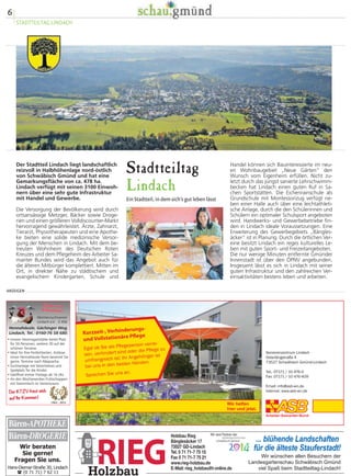 $ 
Am Sonntag, 28. September, 
im Himmelsgarten 
schau von Bruno Kottmann komponierte 
LAGA-Marsch nicht fehlen. Der Gemein-schaftschor 
wird gegen 15.00 Uhr südlich 
vom Wasserspielplatz Aufstellung nehmen. 
Den Abschluss des Tages der Gmünder Blas-musik 
werden dann gegen 19 Uhr nochmals 
die Turmbläser mit dem Alois auf dem Him-melsstürmer 
gestalten. 
 Die Rems-Zeitung berichtet über 
den Tag der Gmünder Blasmusik am 
Montag, 29. September. 
Nachdem am 4. Mai der Blasmusikverband 
Ostalbkreis mit seinen Musikkapellen und am 
21. September die Jugendkapellen des Ostalb-kreises 
die Landesgartenschau-Besucher mit 
Blasmusik begeisterten, bietet nun der 
Gmünder Stadtverband Musik und Gesang 
mit seinen Musikkapellen nochmals einen 
musikalischen Höhepunkt. 
Zehn Musikkapellen mit über 400 Musikerinnen 
und Musikern werden am 28. September den gan-zen 
Tag über auf der Sparkassen-Bühne im Him-melsgarten 
ihre Musik zum Besten geben. Traditio-nelle 
Blasmusik, Marsch und Polka, Böhmisch- 
Mährisch, und auch Pop und Rock werden zu hö-ren 
sein. 
Der Auftakt erfolgt durch die Turmbläser mit dem 
Alois vom Himmelsstürmer aus. Danach spielen na-hezu 
alle Gmünder Musikkapellen auf der KSK-Bühne. 
Thomas Kaiser vom Stadtverband Musik und Ge-sang 
wird die Musikkapellen auf der KSK-Bühne 
vorstellen. 
Der große Glanzpunkt wird dann aber der Gemein-schaftschor 
bestehend aus allen Musikkapellen mit 
insgesamt über 400 Musikerinnen und Musikern 
sein. Mit dem Fahnenaufmarsch und mit der ge-ballten 
Musikkraft aus 400 Instrumenten werden 
sicher alle Besucherinnen und Besucher begeistert. 
Natürlich darf da der eigens für die Landesgarten- 
4 
VOR.SCHAU, STADTSPAZIERGANG 
%	 
11.25 Uhr Turmbläser 
11.30 Uhr Musikverein Großdeinbach 
12.10 Uhr Musikkapelle Hussenhofen 
12.50 Uhr 1. MV Stadtkapelle 
13.30 Uhr Stadtjugendkapelle 
14.10 Uhr Einhorn-Musikanten und 
Kolping-Kapelle 
15.00 Uhr Gemeinschaftschor mit 
Fahnenaufmarsch 
16.20 Uhr Musikverein Weiler 
17.00 Uhr Musikverein Bettringen 
17.40 Uhr Musikverein Straßdorf 
18.20 Uhr Musikverein Bargau 
19.00 Uhr Turmbläser 
DERPART 
Reisebüro Stiegele 
Ledergasse 21 
Bei Ihrem Besuch erhalten Sie das 
DERPART Magazin mit 4 Wochen 
TV Programm 
Quinten Optik 
Ledergasse 53 
Brillenputztuch mit 
Landesgartenschau-Motiv 
3.- € 
GD KRAUSS  
Ledergasse 7 
Betten-Wäsche-Wohlgefühl 
Jeder Kunde bekommt einen  
„Überraschungsklunker“ 
Sanitätshaus 
OrthoTecLeicht 
Predigergässle 2 
Mo-Fr. 9–18 Uhr, Sa. 9 –12 Uhr 
10% auf alle Diabetikersocken 
Tabak und Treff 
Marktplatz 36 
Tabak, Zigarren und Whisky 
Ensinger 
s.Oliver – MAC – Comma 
  Bocksgasse 21 
Wiesnkönig-Dirndl jetzt € 99.99 
Metzgerei Nagel 
Milchgässle 18 
- 10% auf Ihren Einkauf 
 