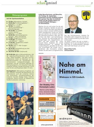 Wirbelsäulenzentrum und Zentrum für 
Orthopädische Chirurgie präsentieren 
sich auf der Landesgartenschau 
bietet einen Blick durch ein Operationsmi-kroskop 
und lässt Interessierte das Handling 
des Präzisionsinstrumentes testen. 
Das Zentrum für Traumatologie und Ortho-pädische 
Chirurgie informiert am Sonntag, 
10 bis 16 Uhr, über Moderne Trends in der 
Unfallchirurgie/Orthopädie/Endoprothetik. 
Referenten sprechen in Kurzvorträgen, je-weils 
zur vollen Stunde, über die Behand-lung 
des Speichenbruchs, die Ambulante 
Reha, das künstliche Hüftgelenk, die 
schmerzhafte Schulter, Brüche am Schen-kelhals 
und das künstliche Kniegelenk. 
Die Unfallchirurgische Ambulanz stellt in ei-ner 
Präsentation Verbandstechniken und 
Orthesen vor. Die Physiotherapeutische Ab-teilung 
des Stauferklinikums präsentiert an-gewandte 
Techniken und bietet den Besu-chern 
einen Koordinationsparcour sowie 
Massagen für müde Wanderer an. 
Schüler der Schule für Physiotherapie 
(DAA), die auf dem Gelände des Stauferkli-nikums 
angesiedelt ist, erfreuen mit Relaxa-tionsübungen 
und Nackenmassagen. 
Flyer liegen im Stauferklinikum aus oder 
können unter www.stauferklinikum.de he-runtergeladen 
werden. 
Das Stauferklinikum lädt am Samstag, 
27., und Sonntag, 28. September, ins 
Forum Gold und Silber auf der Landes-gartenschau 
Schwäbisch Gmünd ein. 
Am Samstag startet das Wirbelsäulenzen-trum 
von 11 bis 15 Uhr mit der Veranstal-tung 
unter dem Motto „Spagat zwischen 
Operation und konservativer Therapie“. 
Landrat Klaus Pavel eröffnet den Wirbelsäu-lentag 
um 11 Uhr. Neben Vorträgen zu den 
Themen Minimalinvasive OP-Techniken an 
der Wirbelsäule, Physiotherapie bei Verlet-zungen 
und Erkrankungen der Wirbelsäule, 
CT- und BV-gestützte Infiltrationstherapie, 
Rationale Schmerztherapie, Konservative 
und Operative Therapie der Skoliose erwar-ten 
die Interessierten noch zahlreiche Work-shops. 
Die Physiotherapeutische Abteilung 
des Stauferklinikums bietet den Workshop 
Gesunder Rücken an. Vorgestellt werden 
einfache Übungen zur Erhaltung von Be-weglichkeit 
und Stabilität der Wirbelsäule. 
Im Workshop CT-gesteuerte Infiltrationen 
wird an Modellen veranschaulicht, wie an 
der Wirbelsäule infiltriert wird. 
Der Workshop Mikroskopisches Operieren 
5 
VOR.SCHAU 

' 