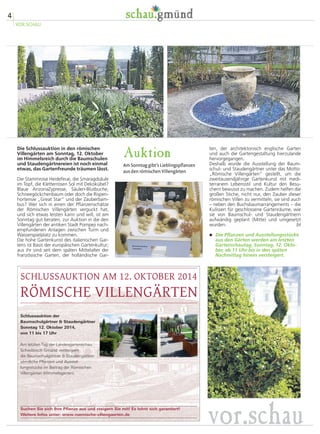 Das Programm am 
Gartenschau-Finaltag 12. Oktober 
verspricht olympische Dimension 
Himmelsgarten), ehe der römisch geprägte 
Öhringer Tag eingeläutet wird. Denn die zu-künftige 
Gartenschaustadt hat ebenso Anteil 
am Limes wie Gmünd. 
Es gibt den ganzen Tag über viel Musik mit 
Bands und Blasmusiken auf allen Bühnen. 
Um 17.30 Uhr beginnt ein großer Laternen-marsch 
für kleine und „große“ Kinder über 
die Himmelsleiter hinab ins Erdenreich. „Blu-mige 
Laternen“ können schon vorher erwor-ben 
werden, u. a. im Souvenirshop im Erden-reich. 
Um 19.30 Uhr beginnt ein feierliches An-schlusskonzert 
mit dem Landespolizeiorches-ter 
am Rokokoschlösschen im Stadtgarten. 
Eine „ganz große Überraschung“ verspre-chen 
die Verantwortlichen der Gartenschau 
GmbH im Rahmen einer gewaltigen Flam-men- 
und Feuershow, die dann exakt um 
20.19 Uhr (in Anlehnung an die Jahreszahl 
für die bevorstehende Remstal-Gartenschau) 
gestartet wird. 
Die Aktionskünstlergruppe „Flammandra“ 
wird dieses Finale gestalten. Die Akteure ha-ben 
sich mit ihren Artistik-Feuershows bei 
Fernsehproduktionen, Großevents und inter-nationalen 
Feuerwerksfestivals einen Namen 
gemacht. 
Eine atemberaubende Symbiose aus pyro-technischen 
Effekten, Feuerartistik und Mu-sik 
wird zu bewundern sein, um mit einem 
gewaltigen emotionalen und optischen Pau-kenschlag 
Abschied zu nehmen von 
„Gmünd 2014“ und Vorfreude zu entwi-ckeln 
auf „Stadt Land Rems 2019“! hs 
 Die Rems-Zeitung wird über die 
Abschlussfeierlichkeiten in ihrer 
Ausgabe am 13. Oktober ausführlich 
berichten. 
Mit einer Gefühlswelt aus Wehmut, 
Spannung und Vorfreude zugleich 
blicken die Gmünder und gewiss zehn-tausende 
Gartenschaubesucher dem 
großen Abschlussfesttag für die 25. 
Landesgartenschau Baden-Württemberg 
entgegen. Die Organisatoren ver-sprechen 
ein emotionales Finale mit 
olympischen Dimensionen. 
Im Blickpunkt des Abschlusstages 12. Okto-ber 
werden natürlich die Gäste aus Öhringen 
stehen. In der fränkischen Stadt, zwischen 
Heilbronn und Schwäbisch Hall gelegen, 
wird 2016 die nächste Landesgartenschau 
stattfinden. 
Mit einer stolzen Delegation von mehr als 
1000 Bürgern wollen die Öhringer dabei 
sein, wenn Oberbürgermeister Richard Ar-nold 
seinem dortigen Amtskollegen Thilo 
Michler die Fahne weitergeben wird. Auch 
Landwirtschafts- und Forstminister Alexan-der 
Bonde wird zu diesem Festakt erwartet, 
der um 16 Uhr auf der Sparkassenbühne im 
Himmelsgarten zelebriert wird. 
Der finale Festtag beginnt um 10 Uhr mit ei-nem 
ökumenischen Gottesdienst (gleichfalls 
Neben der Fahnenübergabe wird ein großer 
Laternenumzug vom Himmelsgarten ins Erden-reich 
und vor allem ein gigantische Inszenierung 
von „Flammandra“ das Finale prägen. 
  
3 
VOR.SCHAU 
 
