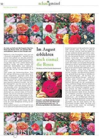 30 
RÜCKBLICK JULI 
Musik lag 
in der Luft 
Landesmusikfestival und weitere 
musikalische Leckerbissen 
Schüler trotzten am 
Tag der Schulen dem Regenwetter 
Engelsgleiche Stimmen zogen auch am Mitt-woch, 
9. Juli, über das Gartenschaugelände. 
Und dass sich das Wetter am „Tag der Schu-len“ 
nicht gerade von seiner schönsten Seite 
zeigte, tat der guten Laune keinen Abbruch. 
Sie alle wurden für ihr Kommen belohnt – 
jene Gartenschaubesucher im Erdenreich 
ebenso wie jene im Himmelsgarten. Es war 
nicht zu übersehen, dass sich große wie klei-ne 
Schüler gemeinsam mit ihren Lehrern teils 
viele Wochen auf ihren großen Auftritt vor-bereitet 
hatten. Bei vielen Auftritten stand 
der Gedanke, wie bereichernd die Vielfalt 
verschiedenster Kulturen sein kann, im Mit-telpunkt. 
Nicht Hunderte von Sängern, son-dern 
Hunderte von Zuschauer waren es, die 
am 20. Juli im Himmelsgarten für beste Stim-mung 
sorgten. Begeisterung, die von einem 
absoluten Topact – Gentleman  The Evoluti-on 
– auf das Publikum übergeschwappt war. 
Der deutsche Reggae-Musiker war eines der 
musikalischen Highlights im Gartenschau- 
Monat Juli. Ein weiteres folgte nur zwei Tage 
später, als vor ebenfalls vor hunderten von 
Zuschauern Chris de Burgh im Congress- 
Centrum Stadtgarten sang. Und das, was er 
lautstark verkündete, das dachten sich in die-sem 
Monat viele: „Ich freue mich, hier in 
Schwäbisch Gmünd zu sein.“ nb 
Es waren Tausende von Sängern und 
Musikern, die den Gartenschau-Monat 
Juli auch aus musikalischer Sicht haben 
blühen lassen. 
Den Anfang machte das 17. Landesmusikfes-tival 
Baden-Württemberg am 5. Juli mit einer 
Anzahl von 3000 Laienmusikern aus über 80 
Vereinen. Und hätten die Ausrichter – der 
Schwäbische Chorverband und der Baden- 
Württembergische Sängerbund – alle Anmel-dungen 
angenommen, wären an besagtem 
Samstag sogar noch viel mehr Teilnehmer zu 
dem Festival gekommen. Hier zeigte sie sich 
wieder einmal – die große Anziehungskraft 
der Gartenschau auch über die Regionen hin-weg. 
Breitgefächert waren sowohl die musikali-schen 
Darbietungen als auch die Herkunft 
der Teilnehmer, die aus allen Teilen Baden- 
Württembergs nach Gmünd kamen, um un-ter 
dem Motto „Musik zwischen Himmel und 
Erde“ ihr Können zum Besten zu geben. An-gefangen 
von der Kirchenmusik der Renais-sance 
bis hin zu Jazz und Pop war die ganze 
Vielfalt der Musik zu hören. Aus der näheren 
Umgebung waren unter anderem mit dabei 
der Gesangverein Rehnenhof, der Lieder-kranz 
Spraitbach, der Liederkranz Maitis, die 
Kinder und Erzieherinnen vom Kinderhaus 
Waldau sowie der Gesangverein Ruppertsho-fen. 
Ob Gentleman, 
Chris de Burgh, 
die 3000 Laienmu-siker 
des Landes-musikfestivals 
oder die jungen 
Teilnehmer des 
Tages der Schulen 
– sie alle sorgten 
für einen auch in 
musikalischer 
Hinsicht 
gelungenen Juli. 
Fotos: ska, 
vog, brd, edk juli 
 