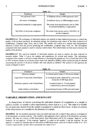 2
Population
All registered voters
All owners of handguns
Households headed by a single parent
The CEOs of all private companies
INTRODUCTION [CHAP. 1
Sample
A telephone survey of 600 registered voters
A telephone survey of 1000handgun owners
The results from questionnaires sent to 2500
households headed by a single parent
The results from surveys sent to 150CEO’s of
private companies
Table 1.1
Population
All prison inmates
Legal aliens living in the United States
Alzheimer patients in the United States
Adult children of alcoholics
Sample
A criminaljustice study of 350 prison inmates
A sociological study conducted by a university
researcher of 200 legal aliens
A medical study of 75 such patients
conducted by a university hospital
A psychological study of 200 such individuals
EXAMPLE 1.4 The techniques of inferential statistics are applied in many industrial processes to control the
quality of the products produced. In industrial settings, the population may consist of the daily production of
toothbrushes, computer chips, bolts, and so forth. The sample will consist of a random and representative
selection of items from the process producing the toothbrushes, computer chips, bolts, etc. The information
contained in the daily samples is used to construct control charts. The control charts are then used to monitor the
quality of the products.
EXAMPLE 1.5 The statistical methods of inferential statistics are used to analyze the data collected in
research studies. Table 1.2 gives the samples and populations for several such studies. The information
contained in the samples is utilized to make inferences concerning the populations. If it is found that 245 of 350
or 70% of prison inmates in a criminal justice study were abused as children, what conclusions may be inferred
concerning the percent of all prison inmates who were abused as children? The answers to this question are
found in Chapters 8 and 9.
VARIABLE, OBSERVATION, AND DATA SET
A characteristic of interest concerning the individual elements of a population or a sample is
called a variable. A variable is often represented by a letter such as x, y, or z. The value of a variable
for one particular element from the sample or population is called an Observation. A data set consists
of the observations of a variable for the elements of a sample.
EXAMPLE 1.6 Six hundred registered voters are polled and each one is asked if they approve or disapprove
of the president’s economic policies. The variable is the registered voter’s opinion of the president’s economic
policies. The data set consists of 600 observations. Each observation will be the response “approve” or the
response “do not approve.’’ If the response “approve” is coded as the number 1 and the response “do not
approve’’is coded as 0, then the data set will consist of 600 observations, each one of which is either 0 or 1. If x
is used to represent the variable, then x can assume two values, 0 or I .
 
