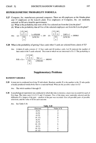 CHAP. 51 DISCRETE RANDOM VARIABLES 107
HYPERGEOMETRICPROBABILITYFORMULA
5.27 Computec, Inc. manufactures personal computers. There are 40 employees at the Omaha plant
and 15 employees at the Lincoln plant. Five employees of Computec, Inc. are randomly
selected to fill out a benefits questionnaire.
(a) What is the probability that none of the five selected are from the Lincoln plant?
(b) What is the probability that all five of the selected employees are from the Lincoln plant?
Am. (a) [105)[450) -
- I x 658,008 = ,189 (6) [
:
I [
:
I -
- 3,003 x 1 = .000863
3,478,76 1 3,478,76 1
5.28 What is the probability of getting 5 face cards when 5 cards are selected from a deck of 52?
Am. A deck of cards consists of 12 face cards and 40 nonface cards. Let X represent the number of
face cards in the 5 cards selected. The event in which we are interested is X = 5. The probability is
P(X = 5 ) = [:'jo)-
- 7 9 2 ~
1 = .000305
2,598,960
(i:)
Supplementary Problems
RANDOM VARIABLE
5.29 A taste test is conducted involving 35 individuals. Random variable X is the number in the 35 who prefer
a locally produced nonalcoholic beer to a national brand. What are the possible values for X ?
Ans. The whole numbers 0 through 35
5.30 A psychological experiment was conducted in which the time to traverse a maze was recorded for each of
five dogs. The times were 4, 6, 8, 9, and 12 minutes. Two of the times were randomly selected and the
difference X = largest of the pair - smallest of the pair was recorded. Give all possible pairs of possible
selections, and the value of X for each outcome.
Am. See Table 5.18.
Table 5.18
Value of X
 