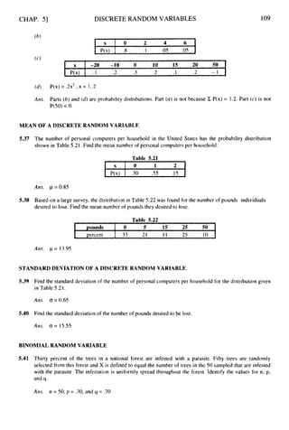 CHAP. 51
X
P(x)
DISCRETE RANDOM VARIABLES
-20 -10 0 10 15 20 50
. I .2 .3 .2 .1 .2 -. 1
109
pounds
percent
0 5 15 25 50
33 21 11 25 10
2
(d) P(x)= .2x ,x = 1,2
h i s . Parts (6) and (d)are probability distributions. Part (a) is not because C P(x) = 1.2. Part (c)is not
P(50) < 0.
MEAN OF A DISCRETE RANDOM VARIABLE
5.37 The number of personal computers per household in the United States has the probability distribution
shown in Table 5.21. Find the mean number of personal computers per household.
Table 5.21
X I 0 1 2 1
Ans. p = 0.85
5.38 Based on a large survey, the distribution in Table 5.22 was found for the number of pounds individuals
desired to lose. Find the mean number of pounds they desired to lose.
Table 5.22
Ans. p = 13.95
STANDARD DEVIATION OF A DISCRETE RANDOM VARIABLE
5.39 Find the standard deviation of the number of personal computers per household for the distribution given
in Table 5.21,
Alzs. CJ = 0.65
5.40 Find the standard deviation of the number of pounds desired to be lost.
Ans. CJ = 15.55
BINOMIAL RANDOM VARIABLE
5.41 Thirty percent of the trees in a national forest are infested with a parasite. Fifty trees are randomly
selected from this forest and X is defined to equal the number of trees in the 50 sampled that are infested
with the parasite. The infestation is uniformly spread throughout the forest. Identify the values for n, p,
and q.
AIIS. n = SO, p = 30, and q = .70
 
