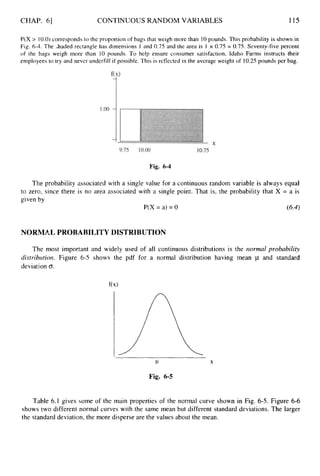 CHAP. 61 CONTINUOUS RANDOM VARIABLES 115
P(X > 10.0)corresponds to the proportion of bags that weigh inore than 10pounds. This probability is shown in
Fig. 6-4. The ,haded rectangle has dimensions 1 and 0.75 and the area is 1 x 0.75 = 0.75. Seventy-five percent
of the bags weigh more than 10 pounds. To help ensure consumer satisfaction, Idaho Farms instructs their
employees to try and never underfill if possible. This is reflected in the average weight of 10.25 pounds per bag.
Fig. 6-4
The probability associated with a single value for a continuous random variable is always equal
to zero, since there is no area associated with a single point. That is, the probability that X = a is
given by
P(X = a) = 0
NORMAL PROBABILITY DISTRIBUTION
The most important and widely used of all continuous distributions is the normal probability
distributiort. Figure 6-5 shows the pdf for a normal distribution having mean p and standard
deviation 0.
Fig. 6-5
Table 6.1 gives some of the main properties of the normal curve shown in Fig. 6-5. Figure 6-6
shows two different normal curves with the same mean but different standard deviations. The larger
the standard deviation, the more disperse are the values about the mean.
 