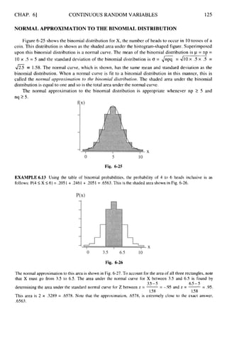CHAP. 61 CONTINUOUS RANDOM VARIABLES 125
NORMAL APPROXIMATION TO THE BINOMIAL DISTRIBUTION
Figure 6-25 shows the binomial distribution for X, the number of heads to occur in 10 tosses of a
coin. This distribution is shown as the shaded area under the histogram-shaped figure. Superimposed
upon this binomial distribution is a normal curve. The mean of the binomial distribution is p = np =
10 x .5 = 5 and the standard deviation of the binomial distribution is CT = ,/G-
= 410 x .5 x .5 =
= 1.58. The normal curve, which is shown, has the same mean and standard deviation as the
binomial distribution. When a normal curve is fit to a binomial distribution in this manner, this is
called the normal approximation to the binonzial distribution. The shaded area under the binomial
distribution is equal to one and so is the total area under the normal curve.
The normal approximation to the binomial distribution is appropriate whenever np 2 5 and
nq 2 5.
Fig. 6-25
EXAMPLE 6.13 Using the table of binomial probabilities, the probability of 4 to 6 heads inclusive is as
follows: P(4 I
X I 6) = .205 1 + .2461 + .2051 = 6563.This is the shaded area shown in Fig. 6-26.
Fig. 6-26
The normal approximation to this area is shown in Fig. 6-27. To account for the area of all three rectangles, note
that X must go from 3.5 to 6.5. The area under the normal curve for X between 3.5 and 6.5 is found by
determining the area under the standard normal curve for Z between z = -= -.95 and z = -= .95.
This area is 2 x .3289 = .6578. Note that the approximation, .6578, is extremely close to the exact answer,
.6563.
3.5-5 6.5-5
1.58 1.58
 