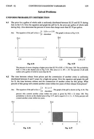 CHAP. 61 CONTINUOUSRANDOM VARIABLES 129
Solved Problems
UNIFORMPROBABILITY DISTRIBUTION
6.1 The price for a gallon of whole milk is uniformly distributed between $2.25 and $2.75 during
July in the US.Give the equation and graph the pdf for X, the price per gallon of whole milk
during July. Also determine the percent of stores that charge more than $2.70 per gallon.
2 2.25< x < 2.75
0 elsewhere
.The graph is shown in Fig. 6-34.
Ans. The equation of the pdf is f(x) =
Fig. 6-34 Fig. 6-35
The percent of stores charging a higher price than $2.70 is P(X > 2.70) times 100. The probability
P(X > 2.70) is the shaded area in Fig. 6-35. This area is 2 x .05 = .10.Ten percent of all milk
outlets sell a gallon of milk for more than $2.70.
6
.
2 The time between release from prison and the commission of another crime is uniformly
distributed between 0 and 5 years for a high-risk group. Give the equation and graph the pdf
for X, the time between release and the commission of another crime for this group. What
percent of this group will commit another crime within two years of their release from prison?
.2 o < x < 5
0 elsewhere
.The graph of the pdf is shown in Fig. 6-36. The
Ans. The equation of the pdf is f(x) =
percent who commit another crime within two years is given by P(X c 2) times 100. This
probability is shown as the shaded area in Fig. 6-37, and is equal to 2 x .2 = .4. Forty percent will
commit another crime within two years.
Fig. 6-36 Fig. 6-37
 