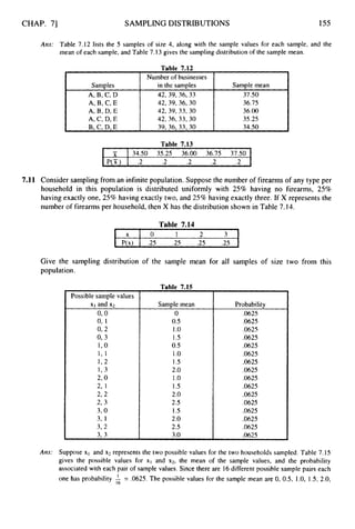 CHAP. 71 SAMPLING DISTRIBUTIONS 155
Number of businesses
Samples in the samples Sample mean
A, B, C, D 42, 39, 36, 33 37.50
A, B,c,E 42, 39, 36, 30 36.75
A, B, D, E 42, 39, 33, 30 36.00
A, C , D, E 42, 36, 33, 30 35.25
Ans: Table 7.12 lists the 5 samples of size 4, along with the sample values for each sample, and the
mean of each sample, and Table 7.13 gives the sampling distribution of the sample mean.
f
Table 7.13
I ii- I 34.50 35.25 36.00 36.75 37.50 I
IP(T) I .2 .2 .2 .2 .2 1
7.11 Consider sampling from an infinite population. Suppose the number of firearms of any type per
household in this population is distributed uniformly with 25% having no firearms, 25%
having exactly one, 25% having exactly two, and 25% having exactly three. If X represents the
number of firearms per household, then X has the distribution shown in Table 7.14.
Table 7.14
X 1 0 1 2 3 1
I P(x) I .25 .25 .25 .25 I
Give the sampling distribution of the sample mean for all samples of size two from this
population.
Table 7.15
Samde mean
0
0.5
1.o
1.5
0.5
1.o
1.5
2.0
1.o
1.5
2.0
2.5
I .5
2.0
2.5
3.O
Probability
.0625
.0625
.0625
.0625
,0625
.0625
.0625
.0625
,0625
.0625
.0625
.0625
.0625
.0625
.0625
.0625
Ans: Suppose x1 and x2 represents the two possible values for the two households sampled. Table 7.15
gives the possible values for x1 and x2, the mean of the sample values, and the probability
associated with each pair of sample values. Since there are 16different possible sample pairs each
one has probability & = .0625. The possible values for the sample mean are 0, 0.5, 1.O, 1.5, 2.0,
 