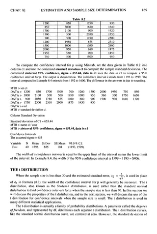 CHAP. 81
1200
850
ESTIMATION AND SAMPLE SIZE DETERMINATION
850 I750 930
3000 1650 1640
Table 8.2
i
1500
700
I 1700 I 2100 I 900 I 1320 I
500 2050 I750
500 I780 2500
1200
1500
1950 675 2310
1000 1080 2900
2000
1950
I 750 I 500 I 1500 I 950 I
950 680 1875
560 900 1450
169
To compute the confidence interval for p using Minitab, set the data given in Table 8.2 into
column c1 and use the command standard deviation cl to compute the sample standard deviation. The
command zinterval 95% confidence, sigma = 655.44, data in c l uses the data in cl to compute a 95%
confidence interval for p.The output is shown below. The confidence interval extends from 1193 to 1599.The
interval computed in Example 8.4 extends from 1 192to 1600.The difference in the answers is due to rounding.
MTB > set cl
DATA> 1200 850 1700 1500 700 1200 1500 2000 1950 750 850
DATA> 3000 2100 500 500 1950 1000 950 560 500 1750 1650
DATA> 900 2050 1780 675 1080 680 900 1500 930 1640 1320
DATA> 1750 2500 2310 2900 1875 1450 950
DATA > end
MTB > standard deviation cl
Column Standard Deviation
Standard deviation of C1 = 655.44
MTB > name cl 'cost'
MTB > zinterval95% confidence, sigma =655.44, data in cl
Confidence Intervals
The assumed sigma = 655
Variable N Mean St Dev SEMean 95.0%C.I.
cost 40 1396 655 104 (1 193, 1599)
The width o
f a confidence interval is equal to the upper limit of the interval minus the lower limit
of the interval. In Example 8.4,the width of the 95% confidence interval is 1599- 1193= $406.
THE t DISTRIBUTION
S
When the sample size is less than 30 and the estimated standard error, 5 - - is used in place
of &jr in formula (8.3),the width of the confidence interval for p will generally be incorrect. The I
distribution, also known as the Student-t distribution, is used rather than the standard normal
distribution to find confidence intervals for p when the sample size is less than 30. In this section we
will discuss the properties of the t distribution, and in the next section, we will discuss the use of the
t distribution for confidence intervals when the sample size is small. The t distribution is used in
many different statistical applications.
The t distribution is actually a family of probability distributions. A parameter called the degrees
o
f freedom, and represented by df, determines each separate t distribution. The t distribution curves,
like the standard normal distribution curve, are centered at zero. However, the standard deviation of
- 42
 