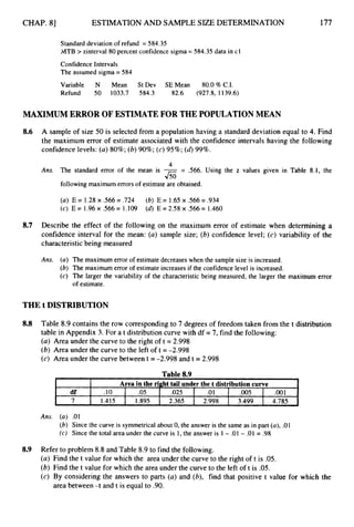 CHAP. 81
df
7
ESTIMATION AND SAMPLE SIZE DETERMINATION
Area in the right tail under the t distributioncurve
.10 .05 .025 .o1 .005 .001
1.415 1.895 2.365 2.998 3.499 4.785
177
Standard deviation of refund = 584.35
MTB > zinterval 80 percent confidence sigma = 584.35data in cl
Confidence Intervals
The assumed sigma = 584
Variable N Mean St Dev SEMean 80.0%C.I.
Refund 50 1033.7 584.3 82.6 (927.8, 1139.6)
MAXIMUM ERROR OF ESTIMATE FOR THE POPULATION MEAN
8.6 A sample of size 50 is selected from a population having a standard deviation equal to 4. Find
the maximum error of estimate associated with the confidence intervals having the following
confidence levels: (a) 80%;(b) 90%; (c)95%; (499%.
4
Ans. The standard error of the mean is - = S66. Using the z values given in Table 8.1, the
following maximum errors of estimate are obtained.
sso
(a) E = 1.28x .566= .724
(c) E = 1.96x .566= 1.109
(b) E = 1.65 x .566= .934
(4 E = 2.58 x .566= 1.460
8.7 Describe the effect of the following on the maximum error of estimate when determining a
confidence interval for the mean: (a) sample size; (b) confidence level; (c) variability of the
characteristicbeing measured
Ans. (a) The maximum error of estimate decreases when the sample size is increased.
(b) The maximum error of estimate increases if the confidence level is increased.
(c) The larger the variability of the characteristic being measured, the larger the maximum error
of estimate.
THE t DISTRIBUTION
8.8 Table 8.9 contains the row corresponding to 7 degrees of freedom taken from the t distribution
table in Appendix 3. For a t distribution curve with df = 7, find the following:
(a) Area under the curve to the right oft = 2.998
(b) Area under the curve to the left oft =-2.998
(c) Area under the curve between t =-2.998 and t = 2.998
Ans. (a) .01
(b) Since the curve is symmetrical about 0, the answer is the same as in part (a),.01
(c) Since the total area under the curve is 1, the answer is 1 - .01- .01= .98
8.9 Refer to problem 8.8 and Table 8.9 to find the following.
(a) Find the t value for which the area under the curve to the right oft is .05.
(b) Find the t value for which the area under the curve to the left oft is .05.
(c) By considering the answers to parts (a) and (b), find that positive t value for which the
area between -t and t is equal to .90.
 