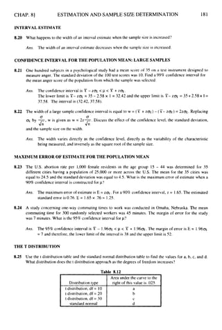 CHAP. 81 ESTIMATION AND SAMPLE SIZE DETERMINATION
Distribution type
t distribution, df = 10
t distribution, df = 20
t distribution, df = 30
standard normal
181
Area under the curve to the
right of this value is .025
a
b
d
c
INTERVAL ESTIMATE
8.20 What happens to the width of an interval estimate when the sample size is increased?
Ans. The width of an interval estimate decreases when the sample s i x is increased.
CONFIDENCE INTERVAL FOR THE POPULATION MEAN: LARGE SAMPLES
8.21 One hundred subjects in a psychological study had a mean score of 35 on a test instrument designed to
measure anger. The standard deviation of the 100test scores was 10.Find a 99% confidence interval for
the mean anger score of the population from which the sample was selected.
Am. The confidence interval is X - z n < p < X + z n .
The lower limit is X-2% = 35 - 2.58 x 1 = 32.42 and the upper limit is X-2% = 35+2.58x 1 =
37.58. The interval is (32.42, 37.58).
8.22 The width of a large sample confidence interval is equal to w = (X + zox) - (X- zox)= 2 ~ 0 ~ .
Replacing
o
x by -, w is given as w = 22-. Discuss the effect of the confidence level, the standard deviation,
and the sample size on the width.
Ans.
0 0
& &
The width varies directly as the confidence level, directly as the variability of the characteristic
being measured, and inversely as the square root of the sample size.
MAXIMUM ERROR OF ESTIMATE FOR THE POPULATION MEAN
8.23
8.24
The U.S. abortion rate per 1,000 female residents in the age group 15 - 44 was determined for 35
different cities having a population of 25,000 or more across the U.S. The mean for the 35 cities was
equal to 24.5 and the standard deviation was equal to 4.5. What is the maximum error of estimate when a
90%confidence interval is constructed for p'?
Ans. The maximum error of estimate is E = zox.For a 90% confidence interval, z = 1.65.The estimated
standard error is 0.76. E = 1.65 x .76 = 1.25.
A study concerning one-way commuting times to work was conducted in Omaha, Nebraska. The mean
commuting time for 300 randomly selected workers was 45 minutes. The margin of error for the study
was 7 minutes. What is the 95% confidence interval for p?
Am. The 95% confidence interval is T - 1.96% < p < X + 1 . 9 6 ~ .
The margin of error is E = 1.96ojr
= 7 and therefore, the lower limit of the interval is 38 and the upper limit is 52.
THE T DISTRIBUTION
8.25 Use the t distribution table and the standard normal distribution table to find the values for a, b, c, and d,
What distribution does the t distribution approach as the degrees of freedom increases'?
Table 8.12
 