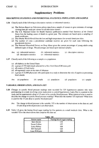 CHAP. 11
Patient name
Sam Alcorn
Susan Collins
Larry Halsey
Bill Samuels
Lana Williams
INTRODUCTION
Fasting blood sugar reading
135
I57
168
120
160
11
Supplementary Problems
DESCRIPTIVE STATISTICS AND INFERENTIALSTATISTICS: POPULATION AND SAMPLE
1.16 Classify each of the following as descriptive statistics or inferential statistics.
(a) The Nielsen Report on Television utilizes data from a sample of viewers to give estimates of average
viewing time per week per viewer for all television viewers.
(6) The U.S. National Center for Health Statistics publication entitled Vital Statistics of the United
States lists the leading causes of death in a given year. The estimates are based upon a sampling of
death certificates.
(c) The Omaha WorldHerald lists the low and high temperatures for several American cities.
(d)The number of votes a presidential candidate receives are given for each state following the
presidential election.
(e) The National Household Survey on Drug Abuse gives the current percentage of young adults using
different types of drugs. The percentages are based upon national samples.
Ans. (a) inferential statistics (b) inferential statistics (c) descriptive statistics
(d)descriptive statistics (e) inferential statistics
1.17 Classify each of the following as a sample or a population.
(a) all diabetics in the United States
(6) a group of 374 individuals selected for a New York TinzedCBS news poll
(c) all owners of Ford trucks
(d) all registered voters in the state of Arkansas
(e) a group of 22,000physicians who participate in a study to determine the role of aspirin in preventing
heart attacks
Am. (a)population (b) sample (c) population ( d ) population (e) sample
VARIABLE, OBSERVATION, AND DATA SET
1.18 Changes in systolic blood pressure readings were recorded for 325 hypertensive patients who were
participating in a study involving a new medication to control hypertension. Larry Doe is a patient in the
study and he experienced a drop of 15 units in his systolic blood pressure. What statistical term is used to
describe the change in systolic blood pressure readings? What does the number 325 represent? What term
is used for the 15-unitdrop is systolic blood pressure'?
Arts. The change in blood pressure is the variable, 325 is the number of observations in the data set, and
15-unitdrop in blood pressure is an observation.
1.19 Table 1.8 gives the fasting blood sugar reading for five patients at a small medical clinic. What is the
variable? Give the observations that comprise this data set.
Table 1.8
 