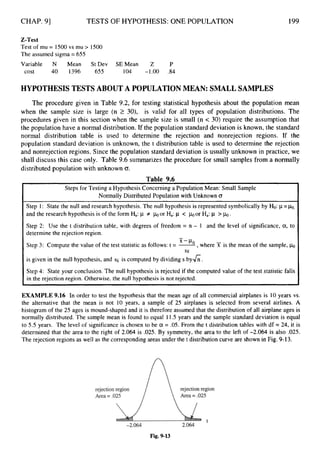 CHAP. 91 TESTS OF HYPOTHESIS: ONE POPULATION
. Steps for Testing a Hypothesis Concerning a Population Mean: Small Sample
Normally Distributed Population with Unknown 6
Z-Test
Test of mu = 1500vs mu > 1500
The assumed sigma = 655
Variable N Mean StDev SEMean Z P
cost 40 1396 655 104 -1.00 .84
Step 2: Use the t distribution table, with degrees of freedom = n - 1 and the level of significance, a,to
determine the rejection region.
Step 3: Compute the value of the test statistic as follows: t = -
- ”,where X is the mean of the sample,
-
SX
i
~ is given in the null hypothesis, and sjr is computed by dividing s by&.
Step 4: State your conclusion. The null hypothesis is rejected if the computed value of the test statistic falls
in the rejection region. Otherwise, the null hypothesis is not rejected.
HYPOTHESIS TESTS ABOUT A POPULATIONMEAN: SMALL SAMPLES
199
Step 1 : State the null and research hypothesis. The null hypothesis is represented symbolically by Ho: p =b,
and the research hypothesis is of the form Ha: p f cl0or Ha: ~1 < cl0or Ha: ~1 > k.
EXAMPLE 9.16 In order to test the hypothesis that the mean age of all commercial airplanes is 10 years vs.
the alternative that the mean is not 10 years, a sample of 25 airplanes is selected from several airlines. A
histogram of the 25 ages is mound-shaped and it is therefore assumed that the distribution of all airplane ages is
normally distributed. The sample mean is found to equal 11.5 years and the sample standard deviation is equal
to 5.5 years. The level of significance is chosen to be a = .05. From the t distribution tables with df = 24, it is
determined that the area to the right of 2.064 is .025. By symmetry, the area to the left of -2.064 is also .025.
The rejection regions as well as the corresponding areas under the t distribution curve are shown in Fig. 9-13.
Fig. 9-13
 