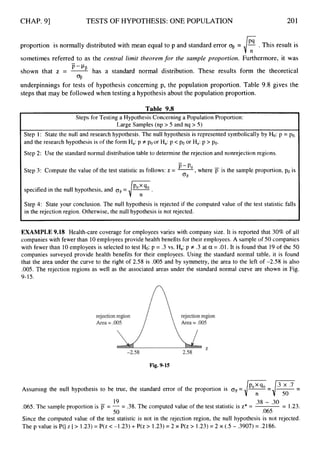 CHAP. 91 TESTS OF HYPOTHESIS: ONE POPULATION 201
proportion is normally distributed with mean equal to p and standard error q, = - .This result is
sometimes referred to as the central limit theorem for the sample proportion. Furthermore, it was
shown that z = ~ has a standard normal distribution. These results form the theoretical
underpinnings for tests of hypothesis concerning p, the population proportion. Table 9.8 gives the
t
-
P -Pg
q,
steps that may be followed when testing a hypothesis about the population proportion.
Table 9.8
Steps for Testing a Hypothesis Concerning a Population Proportion:
Large Samples (np > 5 and nq > 5 )
Step I: State the null and research hypothesis. The null hypothesis is represented symbolically by Ho:p = po,
and the research hypothesis is of the form Ha:p f poor Ha:p c poor Ha:p >po.
Step 2: Use the standard normal distribution table to determine the rejection and nonrejection regions.
-
Step 3: Compute the value of the test statistic as follows: z = -
- ,where jT is the sample proportion, po is
OF
specified in the null hypothesis, and oF=
Step 4: State your conclusion. The null hypothesis is rejected if the computed value of the test statistic falls
in the rejection region. Otherwise, the null hypothesis is not rejected.
EXAMPLE 9.18 Health-care coverage for employees varies with company size. It is reported that 30% of all
companies with fewer than 10employees provide health benefits for their employees. A sample of 50 companies
with fewer than 10employees is selected to test Ho:p = .3 vs. Ha:p f .3 at a = .01. It is found that 19 of the 50
companies surveyed provide health benefits for their employees. Using the standard normal table, it is found
that the area under the curve to the right of 2.58 is .005 and by symmetry, the area to the left of -2.58 is also
.005. The rejection regions as well as the associated areas under the standard normal curve are shown in Fig.
9-15.
Fig. 9-15
--
Assuming the null hypothesis to be true, the standard error of the proportion is oF
= /
T
y
T
'
- -
19 .38 - .30
.065.The sample proportion is j7 = -= .38. The computed value of the test statistic is z* = = 1.23.
Since the computed value of the test statistic is not in the rejection region, the null hypothesis is not rejected.
The p value is P(I z I> 1.23)= P(z < -1.23) +P(z > 1.23)= 2 x P(z > 1.23)= 2 x (.5 - .3907)= .2186.
50 .065
 