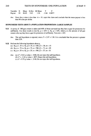 210 TESTS OF HYPOTHESIS: ONE POPULATION [CHAP. 9
Variable N Mean St Dev SE Mean T P
Payout 20 86.65 5.63 1.26 -2.66 0.0077
Ans. Since the p value is less than a = .01, reject the claim and conclude that the mean payout is less
than 90 cents per dollar.
HYPOTHESISTESTS ABOUT A POPULATION PROPORTION:LARGESAMPLES
9
.
3
1 A survey of 300 gun owners is taken and 40% of those surveyed say they have a gun for protection for
self/family. Use these results to test Ho: p = 32% vs. Ha: p > 32%,where p is the percent of all gun
owners who say they have a gun for protection of self/family.Test at a = .025.
Ans. The null hypothesis is rejected, since z* = 2.97 > 1.96. It is concluded that the percent is greater
than 32%.
9.32 Perform the following hypothesis about p.
(a) Ho: p = .35vs. Ha:p # .35,n = 100, = .38, a = .I0
(b) H o : p = . 7 5 v s . H a : p < . 7 5 , n = 7 0 0 , ~ = . 7 1 , a = . 0 5
(c) Ho: p = .55 VS, Ha: p > .55, n = 390, p = 57,a = .01
Ans. (a)z* =0.63,p value = .5286, Do not reject the null hypothesis.
(6) z* =-2.44, p value = .0073,Reject the null hypothesis.
(c) z* = 0.79, p value = .2148, Do not reject the null hypothesis.
 
