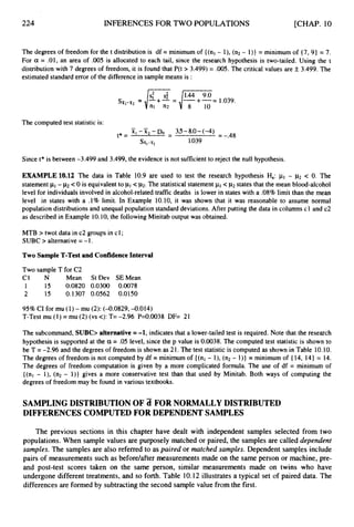 224 INFERENCES FOR TWO POPULATIONS [CHAP. 10
The degrees of freedom for the t distribution is df = minimum of { (nl - l), (n2- 1)) = minimum of { 7, 9) = 7.
For a = .01, an area of .005 is allocated to each tail, since the research hypothesis is two-tailed. Using the t
distribution with 7 degrees of freedom, it is found that P(t > 3.499) = .005. The critical values are +, 3.499. The
estimated standard error of the difference in sample means is :
The computed test statistic is:
- -
35-8.0-(-4)
Xi-Xz-Do -
t* = - =-.48
Sii,-ii2 1.039
Since t* is between -3.499 and 3.499, the evidence is not sufficient to reject the null hypothesis.
EXAMPLE 10.12 The data in Table 10.9 are used to test the research hypothesis H,: pi - p2 < 0. The
statement p
1-p
2 <0 is equivalent to p
i < p2.The statistical statement pl < p2 states that the mean blood-alcohol
level for individuals involved in alcohol-related traffic deaths is lower in states with a .OS% limit than the mean
level in states with a .I% limit. In Example 10.10, it was shown that it was reasonable to assume normal
population distributions and unequal population standard deviations. After putting the data in columns c1 and c2
as described in Example 10.10,the followingMinitab output was obtained.
MTB > twot data in c2 groups in c1;
SUBC > alternative =-1.
Two Sample T-Testand ConfidenceInterval
Two sample T for C2
C1 N Mean St Dev SEMean
1 15 0.0820 0.0300 0.0078
2 15 0.1307 0.0562 0.0150
95% CI for mu (1) - mu (2): (-0.0829, -0.014)
T-Test mu (1) = mu (2) (vs <): T= -2.96 P=0.0038 DF= 21
The subcommand, SUBC> alternative=-1, indicates that a lower-tailed test is required. Note that the research
hypothesis is supported at the a = .05 level, since the p value is 0.0038. The computed test statistic is shown to
be T = -2.96 and the degrees of freedom is shown as 21. The test statistic is computed as shown in Table 10.10.
The degrees of freedom is not computed by df = minimum of { (nl - l), (n2 - 1)) = minimum of { 14, 14) = 14.
The degrees of freedom computation is given by a more complicated formula. The use of df = minimum of
{(nl - l), (n2 - 1)) gives a more conservative test than that used by Minitab. Both ways of computing the
degrees of freedom may be found in various textbooks.
SAMPLING DISTRIBUTION OF aFOR NORMALLY DISTRIBUTED
DIFFERENCES COMPUTED FOR DEPENDENT SAMPLES
The previous sections in this chapter have dealt with independent samples selected from two
populations. When sample values are purposely matched or paired, the samples are called dependent
samples. The samples are also referred to as paired or matched samples. Dependent samples include
pairs of measurements such as beforelafter measurementsmade on the same person or machine, pre-
and post-test scores taken on the same person, similar measurements made on twins who have
undergone different treatments, and so forth. Table 10.12 illustrates a typical set of paired data. The
differences are formed by subtractingthe second sample value from the first.
 