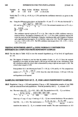 240 INFERENCES FOR TWO POPULATIONS [CHAP. 10
Variable N Mean St Dev SEMean 90.0%CI
diff 10 1.50 8.18 2.59 (-3.24,6.24)
Verify that
output.
= 1SO, s
d = 8.18, SJ = 2.59, and that the confidence interval is as given in the
Ans. Using the differencesgiven above, we find that E
l = 15, and 3 = 1.5. We also find that Zd2 =
w2-(a)2
/ n 625- 22.5
625, and s
d=,
/
-
' =/T=
8.18. The estimated standard error of is Sa =
n-1
s
d 8.18196
= 2.59.
---
The confidence interval is given by f t x SJ. The t value for a 90% confidence interval is
found as follows. The degrees of freedom is df = 10- 1= 9. For a 90%confidence interval 5%
is put into each tail of the t distribution.Using the t distributiontable with 9 degrees of freedom
and a right-hand tail area equal to .05,we find the t value to be 1.833.The 90%margin of error
is t x S;i = 1.833x 2.59 = 4.75. The 90%confidence interval goes from 1S O - 4.75 = -3.25 to
1.50+4.75 = 6.25.
TESTINGHYPOTHESIS ABOUT ~.la
USING NORMALLY DISTRIBUTED
DIFFERENCES COMPUTEDFROM DEPENDENT SAMPLES
10.12 Use the data in Table 10.22 to test the research hypothesis # 0 at level of significance
a =.01.
Ans. The degrees of freedom is one less than the number of pairs, i.e., df = 9. Since the research
hypothesis is two-tailed, tail areas equal to .005 are put into both tails of the t distribution. From
the t distribution table the critical value is determined by using a right-tail area equal to .005. The
critical value is equal to 3.250.
From problem 10.11, the followingare found: d = 1S O , SJ = 2.59, and D
o = 0. The computed test
statistic is t* = --
- --
- 0.58. Since this value falls between -3.250 and 3.250, the
null hypothesis is not rejected.
-
d - D o 150-0
SS 259
SAMPLINGDISTRIBUTION OF PI-;Pz FOR LARGE INDEPENDENT SAMPLES
10.13 Population 1 has pl = ,010
and population 2 has p2 = .005. Independent samples of size 5000
each are selected from both populations. Find the probability that PI- p2exceeds .015?
- -
Ans. The mean value of E, - p2 is .010- .005 = .005. The standard error of PI- pz is as follows:
Since nlpl> 5, n2p2> 5 , nlql > 5 and n2q2> 5, Fl - T2has a normal distribution.We are asked to
-
-
is used to
pI-ij2-(pI-p2) -
- pl-?j,-.005
find P(p, - F2 > .015). The transformation z =
w , - v 2 .001725
-
transform the statistic Fl - p2 to a standard normal variable. The same transformation on .015
 