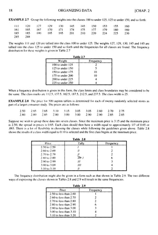 18 ORGANIZING DATA [CHAP. 2
Weight
100to under 125
125to under 150
150 to under 175
175to under 200
200 to under 225
225 to under 250
EXAMPLE 2.7 Group the following weights into the classes 100 to under 125, 125to under 150,and so forth:
Frequency
2
5
10
10
4
4
1 1 1 120 127 129 130 145 145 150 153 155 160
161 165 167 170 171 174 175 177 179 180 180
185 185 190 I95 I95 201 210 220 224 225 230
245 248
Price
2.50 to 2.59
2.60 to 2.69
2.70 to 2.79
2.80 to 2.89
2.90 to 2.99
3.00 to 3.09
The weights I 1 1 and 120 are tallied into the class 100 to under 125. The weights 127, 129, 130, 145 and 145 are
tallied into the class 125 to under 150 and so forth until the frequencies for all classes are found. The frequency
distribution for these weights is given in Table 2.7
'Tally Frequency
I 1
11 2
2
%, 6
/I/ 3
1/11 4
When a frequency distribution is given in this form, the class limits and class boundaries may be considered to be
the same. The class marks are 1 12.5, 137.5, 162.5, 187.5,212.5, and 237.5. The class width is 25.
EXAMPLE 2.8 The price thr 500 aspirin tablets is determined for each of twenty randomly selected stores as
part of a larger consuiiier study. 'The prices are as follows:
2.50 2.95 2.65 3.10 3.15 3.05 3.05 2.60 2.70 2.75
2.80 2.80 2.85 2.80 3.00 3.00 2.90 2.90 2.85 2.85
Suppose we wish to group these data into seven classes. Since the maximum price is 3.15 and the minimum price
is 2.50, the spread in prices is 0.65. Each class should then have a width equal to approximately 117 of 0.65 or
.093. There is it lot o f flexibility in choosing the classes while following the guidelines given above. Table 2.8
shows the results if a class width equal to 0.10 is selected and the first class begins at the minimum price.
Table 2.8
3.10 to 3.19 11 2
The frequency distribution might also be given in a form such as that shown in Table 2.9. The two different
ways of expressing the classes shown in Tables 2.8 and 2.9 will result in the same frequencies.
Table 2.9
Price
2.50 to less than 2.60
2.60 to less than 2.70
2.70 to less than 2.80
2.80 to less than 2.90
2.90 to less than 3.00
3.00 to less than 3.10
3.10 to less than 3.20
Frequency
1
2
2
6
5
4
7
Frequency
1
2
2
6
3
4
7
 