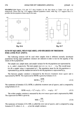 276 ANALYSIS OF VARIANCE (ANOVA) [CHAP. 12
35 -
30
25
10
5 -
0 1
EXAMPLE 12.4 Figures 12-6 and 12-7 show boxplots for the data shown in Tables 12.4 and 12.5,
respectively. Notice that Fig. 12-6 suggests different population means, while Fig. 12-7 suggests that it is
possible that the population means may be the same.
:::fi8fl
1 I I
rsi
1 2 3
keyboard
Fig. 12-6 Fig. 12-7
SUM OF SQUARES, MEAN SQUARES, AND DEGREES OF FREEDOM
FOR A ONE-WAY ANOVA
The following notation will be used when samples from k different normally distributed
populations having equal population variances are selected in order to test for the equality of the
means of the k populations:
The sample size, sample mean, and sample variance for the ith population are represented by
ni, X,,ands?,,respectively. The total sample size is n = nl + n2 + . . - + nk. The overall mean
for all n sample values is represented by X . The population mean for the ith population is
represented by piand the standard deviation for the ith population is represented by oi.
The between samples variation is measured by the between treatmerzts mearz square and is
represented by MSTR. The expression for MSTR is given by formula (12.2):
SSTR
MSTR = -
k - 1
(12.2)
The numerator of formula (12.2),SSTR, is called the treatment sum of squares, and is computed by
using formula (12.3):
The within samples variation is measured by the error mean square and is represented by MSE.
The expression for MSE is given by
SSE
MSE = -
n-k
( I2.4)
The numerator of formula (12.4), SSE, is called the error sum of squares, and is computed by using
formula (12.5),where s:, s:, . . . ,S
[ are the sample variances.
 