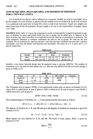 CHAP. 121
Gender
Male
Female
ANALYSIS OF VARIANCE (ANOVA)
Age Race Disability
200, 175,215 150, 125, 135 100,95, 115
185,210,225 130, 145, 115 90,80, 110
285
Source df ss MS = SS/df F Statistic
Error n - ab SSE MSE
Treatment ab- 1 SSTR MSTR F
i Total n - 1 SST
SUM OF SQUARES,MEAN SQUARES,AND DEGREES OF FREEDOM
FOR A TWO-WAYANOVA
Let A and B be two factors whose influence on a response variable we wish to investigate. Let a
be the number of levels of factor A and let b be the number of levels of factor B. Each level of factor
A is combined with each level of factor B to form a total of ab treatments. Equal size samples are
taken from each of the ab treatments. If each sample is of size m, the total number of sample values
is n = mab.
EXAMPLE 12.13 Table 12.12 gives the compensatory awards (in thousands)for wrongful firing based on age,
race, or disability for males and females. Either bias type or gender may be called factor A. Suppose we let
factor A be bias type. Then A has three levels and B has two levels. There are six populations or treatments. The
terms population, treatment, or treatment combination are used for the six groups. We shall use the term
treatment. The six treatments are: (age bias and male), (race bias and male), (disability bias and male), (age bias
and female), (race bias and female), and (disability bias and female). The values for a, b, m, and n are 3, 2, 3,
and 18, respectively.
Table 12.12
I Bias type I
Initially, a two factor factorial design may be analyzed using a one-way ANOVA. The number of
treatments is k = ab, and the total sample size is n. The one-way ANOVA for the two factor design is
given in Table 12.13.
The Treatment sum of squares, SSTR, is now partitioned in three parts as shown in formula (Z2.Z2),
where SSA is calledfactor A sum o
f squares, SSB is calledfactcr B sum of squares, and SSAB is
called interaction sum o
f squares.
SSTR = SSA +SSB +SSAB (12.12)
The treatment degrees of freedom, ab - I, is also partitioned into three parts as follows:
df for A = a - 1, df for B = b - 1, df for AB = (a - l)(b - 1)
The degrees of freedom for A, B, and AB add up to the degrees of freedom for treatment as given by
formula ( I2.13):
ab - 1 = (a - 1)+ (b - 1)+ (a - l)(b - I) (12.13)
Mean squares are also defined for A, B, and AB. The factor A mean square, MSA, is given by
formula (12.14):
SSA
MSA = -
a-1
(12.14)
 