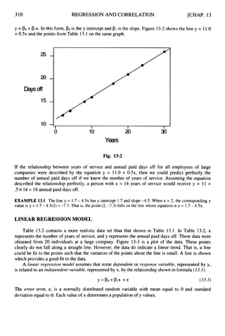 310 REGRESSION AND CORRELATION [CHAP. 13
y = PO+plx. In this form, POis the y intercept and
+0 . 5 ~
and the points from Table 13.1on the same graph.
is the slope.Figure 13-2shows the line y = 11.O
25
10
Fig. 13-2
If the relationship between years of service and annual paid days off for all employees of large
companies were described by the equation y = 11.O + OSx, then we could predict perfectly the
number of annual paid days off if we knew the number of years of service. Assuming the equation
described the relationship perfectly, a person with x = 14 years of service would receive y = 11 +
.5 x 14 = 18annual paid days off.
EXAMPLE 13.1 The line y = 1.7- 4 . 5 ~
has y intercept 1.7and slope -4.5. When x = 2, the corresponding y
value is y = 1.7 - 4.5(2) = -7.3. That is, the point (2, -7.3) falls on the line whose equation is y = 1.7 - 4.5~.
LINEAR REGRESSION MODEL
Table 13.2 contains a more realistic data set than that shown in Table 13.1. In Table 13.2, x
represents the number of years of service, and y represents the annual paid days off. These data were
obtained from 20 individuals at a large company. Figure 13-3 is a plot of the data. These points
clearly do not fall along a straight line. However, the data do indicate a linear trend. That is, a line
could be fit to the points such that the variation of the points about the line is small. A line is shown
which provides a good fit to the data.
A linear regression model assumes that some dependent or response variable, represented by y,
is related to an independent variable, represented by x, by the relationship shown in formula (13.I).
y = p o + p * x + e (13.I)
The error term, e, is a normally distributed random variable with mean equal to 0 and standard
deviation equal to 0.
Each value of x determines a population of y values.
 