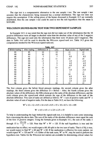 CHAP. 141 NONPARAMETRIC STATISTICS 337
The sign test is a nonparametric alternative to the one sample t test. The one sample t test
assumes that the characteristic being measured has a normal distribution. The sign test does not
require this assumption. If the selling prices of the homes discussed in Example 14.3 are normally
distributed, then the one sample t test could be used to test the null hypothesis that the mean is
$105,000.
WILCOXON SIGNED-RANKTEST FOR TWO DEPENDENT SAMPLES
In Example 14.5,it was noted that the sign test did not make use of the information that the 10
positive differences were all larger in absolute value than the absolute value of any of the 5 negative
differences. The sign test used only the information that there were 10 pluses and 5 negatives. The
data in Table 14.4 will be used to describe the Wilcoxon signed-rank test. Table 14.5 gives the
computationsneeded for the Wilcoxon signed-ranktest.
~~~ ~
Before reading
95
90
98
99
87
95
95
97
90
90
99
95
95
92
96
After reading
85
80
91
88
90
90
88
84
93
91
90
90
97
94
Tab1
Difference, D
10
10
7
11
-3
5
7
13
-3
-1
9
5
-2
-2
10
14.5
ID1
10
10
7
11
3
5
7
13
3
1
9
5
2
2
Rank of I D 1
12
12
14
8.5
4.5
6.5
8.5
15
4.5
1
10
6.5
2.5
2.5
12
Signed rank
12
12
8.5
14
-4.5
6.5
8.5
15
-4.5
-1
10
-2.5
-2.5
12
6.5
The first column gives the before blood pressure readings, the second column gives the after
readings, the third column gives the difference D = Before - After, the fourth column gives the
absolute values of the differences, the fifth column gives the ranks of the absolute differences,and the
sixth column gives the signed-rank which restores the sign of the difference to the rank of the
absolute difference.Two sum of ranks are defined as follows: W+= sum of positive ranks and W- =
absolute value of sum of negative ranks. For the data in Table 14.5,we have the following:
W+= 12+ 12+8.5+ 14+6.5+8.5+15+ 10+6.5+ 12= 105
W- = 4.5 +4.5 + 1+2.5 +2.5 = 15
To help in understanding the logic behind the signed-rank test, it is helpful to note some interesting
facts concerningthe above data. The sum of the ranks of the absolute differences must equal the sum
of the first 15 positive integers. Using the formula given in Example 14.1, the sum of the ranks 1
through 15 is -
l5 l6 -
- 120. Note that W+ + W- = 120. If the null hypothesis is true and the
medication has no effect, we would expect a 60,60 split in the two sum of ranks. That is if Ho is true,
we would expect to find W+ = 60 and W- = 60. If the medication is effective for every patient, we
would expect W+= 120and W- = 0. Either of the rank sums, W+ or W-, may be used to perform the
hypothesis test. Tables for the Wilcoxon test statistic are available for determining critical. values for
2
 