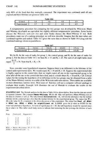 CHAP. 141
Control
Experimental
NONPARAMETRIC STATISTICS
3.4 3.6 4.0 2.5
3.7 4.2 4.2 4.5
339
Control
only 80% of the food that they normally consumed. The experiment was continued until all rats
expired and their lifetimes are given in Table 14.6.
3.4 (2) 3.6 (3) 4.0 (5) 2.5 (1)
Experimental 3.7 (4) 4.2 (6.5) 4.2 (6.5) 4.5 (8) .
A nonparametric procedure for comparing the two groups was developed by Wilcoxon. Mann
and Whitney developed an equivalent but slightly different nonparametric procedure. Some books
discuss the Wilcoxort rank-srun test and some books discuss the Marzrz-Whitrzey U test. Both
procedures make use of a ranking procedure we will now describe. Imagine that the data values are
combined together and ranked. Table 14.7 gives the same data as shown in Table 14.6 along with the
combined rankings shown in parentheses.
Table 14.7
We let R
I be the sum of ranks for group 1, the control group, and R2 be the sum of ranks for
group 2. For the data in Table 14.7, we have RI = 11 and R
2 = 25. The sum of all eight ranks must
equal -
* = 36. Note that R1 + R2 = 36.
2
Now, consider some hypothetical situations. Suppose there is no difference in the lifetimes of the
control and experimental diets. We would expect R
I = I8 and R2 = 18. Suppose the experimental diet
is highly superior to the control diet, then we might expect all rats in the experimental group to be
alive after all the rats in the control diet have died, and as a result obtain RI = 10and R2 = 26. Critical
values for the testing the hypothesis of no difference in the two groups may be obtained from a table
of the Mann-Whitney statistic or a table of the Wilcoxon rank-sum statistic. These tables are available
in most elementary statistics texts. Most users of Statistics will use a computer software package to
evaluate their results. Example 14.8 illustrates the use of Minitab to evaluate the results in the
experiment described above.
EXAMPLE 14.8 The Minitab analysis for the data in Table 14.6 is shown below. Note that the data are stored
in separate columns. The command Mann-Whitney 95.0 C1 C2; will perform a Mann-Whitney test on
the data in columns c I and c2. The subcommand Alternative -1. will test the alternative that the median
lifetime for the control group is less than the median lifetime for the experimental group. The output line W =
11 is the value for R I computed in the above discussion of this experiment. The output line Test of ETAl
= ETA2 vs. ETAl < ETA2 is significant at 0.0303 gives the p value as 0.0303 for the
lower-tail alternative hypothesis. At level of significance a = .05, the null hypothesis would be rejected since
the p value < a. This rather small study seems to indicate that restricting the diet prolongs the lifetime of such
rats.
Row Control Expermtl
1 3 . 4 3 . 7
2 3 . 6 4.2
3 4 . 0 4 . 2
4 2.5 4 . 5
MTB > Mann-Whitney 95.0 C1 C2;
SUBC> Alternative -1.
 