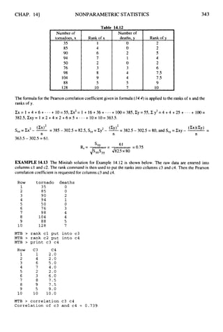 CHAP. 141 NONPARAMETRIC STATISTICS 343
Number of
tornadoes, x
35
85
90
94
50
76
98
104
88
128
Table 14.12
Rank of x
1
4
6
7
2
3
8
9
5
10
Number of
deaths, y
0
0
2
1
0
3
4
4
5
7
Rank of y
2
2
5
4
2
6
7.5
7.5
9
10
The formula for the Pearson correlation coefficient given in formula (14.4)is applied to the ranks of x and the
ranks of y.
C X = 1 + 4 + 6 + . * . +l0=55,CxZ=
1 + 1 6 + 3 6 + - + 1oO=385,Cy=55,Cy2=4+4+25+...+ loo=
382.5,E~y=
1 ~ 2 + 4 ~ 2 + 6 ~ 5 + * . * + 1 0 ~ 1 0 = 3 6 3 . 5 .
(W@Y) -
= 385 - 302.5 = 82.5, S,, = Cy2- -
(cy)2 -
- 382.5 - 302.5 = 80, and S,, = Zxy - -
(EX)*
s,, = Ex2- -
n n n
363.5 - 302.5 = 61.
= 0.75
XY 61
Rs= ,
/
- = 9825x80
EXAMPLE 14.13 The Minitab solution for Example 14.12 is shown below. The raw data are entered into
columns cl and c2. The rank command is then used to put the ranks into columns c3 and c4. Then the Pearson
correlation coefficient is requested for columns c3 and c4.
Row
1
2
3
4
5
6
7
8
9
10
tornado deaths
3 5 0
85 0
90 2
94 1
50 0
7 6 3
98 4
1 0 4 4
88 5
1 2 8 7
MTB > rank cl put into c3
MTB > rank c2 put into c 4
MTB > print c3 c4
Row C3 C4
1 1 2.0
2 4 2.0
3 6 5 . 0
4 7 4.0
5 2 2.0
6 3 6 . 0
7 8 7 . 5
8 9 7 . 5
9 5 9 . 0
1 0 1 0 1 0 . 0
MTB > correlation c3 c4
Correlation of c3 and c4 = 0.739
 