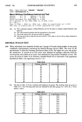 CHAP. 141 NONPARAMETRIC STATISTICS
IRS Garbage collection Long distance service ,
40 55 60
45 60 65
55 65 70
50 50 70
45 55 70
45 55 75
50 60 75
50 70 70
40 65 80
349
IRS
1.5
4.0
11.5
7.5
4.0
4.0
7.5
7.5
1.5
16.0
MTB > Mann-Whitney 'Denomlu 'Den0m2~;
S U B 0 Alternative 0 .
Mann-Whitney Confidence Interval and Test
Denoml N = 12 Median = 11.450
Denom2 N = 11 Median = 9.500
Point estimate f o r ETA1-ETA2 is 2.000
95.5 Percent CI for ETA1-ETA2 is (0.499,3.501)
W = 184.0
Test of ETAl = ETA2 vs. ETAl not = ETA2 is significant at 0.0151
The test is significant at 0.0150 (adjusted f o r ties)
Garbage collection Long distance service
11.5 16.0
16.0 20.0
20.0 24.0
7.5 24.0
11.5 24.0
11.5 27.5
16.0 27.5
24.0 24.0
20.0 29.5
16.0 29.5
Ans, (a) This command requests a Mann-Whitney test for the data in columns named Denoml and
Denom2.
(6) This subcommand indicates that the hypothesis is two-tailed.
(c) This is the same as R1,
the sum of ranks for sample 1.
(6)This line gives the p value for the test as 0.0151 . This value is close to the p value obtained in
problem 14.7.
KRUSKAL-WALLIS TEST
14.9 Thirty individualswere randomly divided into 3 groups of 10each. Each member of one group
completed a questionnaire concerning the Internal Revenue Service (IRS). The score on the
questionnaire is called the Customer Satisfaction Index (CSI). The higher the score, the greater
the satisfaction. A second set of CSI scores were obtained for garbage collection from the
second group, and a third set of scores were obtained for long distance telephone service. The
scores are given in Table 14.16.Perform a Kruskal-Wallis test to determine if the population
distributionsdiffer. Use significance level a = .01.
Ans. The data in Table 14.16 are combined and ranked as one group. The resulting ranks are given in
Table 14.17. The following rank sums are obtained for the three groups: RI= 65.0, R2 = 154.0,
and R3= 246.0.
Table 14.17
 