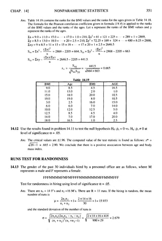 CHAP. 141 NONPARAMETRIC STATISTICS 351
Ans. Table 14.19contains the ranks for the BMI values and the ranks for the ages given in Table 14.18.
The formula for the Pearson correlation coefficient given in formula (14.4)is applied to the ranks
of the BMI values and the ranks of the ages. Let x represent the ranks of the BMI values and y
represent the ranks of the ages.
Cx=9.0+ 11.0+ 15.0+...+17.0+ 1.O=210,Cx2=81+ 121 + 2 2 5 + . . . + 2 8 9 + 1 ~ 2 8 6 9 ,
Cy = 8.5 + 13.0+ 18.0 + * * + 20 +2.5 = 210, Cy2= 72.25 + 169+ 324 +* * . +400 +6.25 = 2868,
C x y = 9 ~ 8 , 5 +
11 x 13+ 1 5 ~
1 8 + . . . + 1 7 ~ 2 0 +
1 ~2.5=2646.5
(zy)2 - 2868 - 2205 = 663
S,, = Ex2- -= 2869 - 2205 = 664, S,, = Cy2- --
(W2
n n
s,, = cxy - (Cx)(cy) = 2646.5 -2205 = 441.5
n
441.5
,
-
, = 0.665
sxY -
r , = ,
-
-
BMI
9.0
11.0
15.0
19.0
3.0
6.0
10.0
12.5
14.0
18.0
Table
Age
8.5
13.0
18.0
19.0
2.5
6.0
12.0
8.5
7.O
16.5
d664 x 663
14.19
BMI
4.5
2.0
20.0
8.O
16.0
7.0
12.5
4.5
17.0
1.o
AGE
16.5
1.o
10.5
10.5
15.0
14.0
5.O
4.0
20.0
2.5
14.12 Use the results found in problem 14.11 to test the null hypothesis Ho: ps= 0 vs. Ha: psf 0 at
level of significance a = .05.
Ans. The critical values are k1.96. The computed value of the test statistic is found as follows: z* =
J
G
x .665 = 2.90. We conclude that there is a positive association between age and body
mass index.
RUNS TEST FOR RANDOMNESS
14.13 The gender of the past 30 individuals hired by a personnel office are as follows, where M
represents a male and F represents a female.
FFFMMMMFMFMFFFFMMMMMMMFFMMMFFF
Test for randomness in hiring using level of significance a = .05.
Ans. There are nl = 14 F’s and n2 =16 M’s. There are R = 11 runs. If the hiring is random, the mean
number of runs is
l4
nl + n 2 30
l6 +1= 15.933
p = -+I=
2n1n2
and the standard deviation of the number of runs is
2nln2(2n,n2- n l - n 2 ) - 2 ~ 1 4 ~ 1 6 x 4 1 8
(T= /
=
- d=2
 