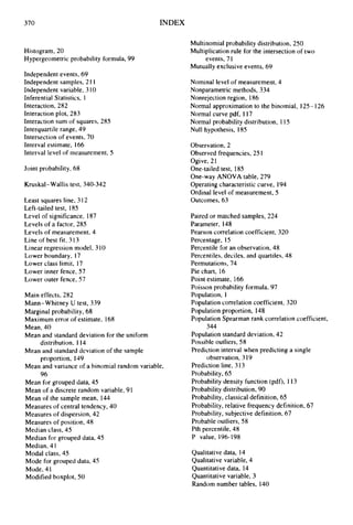 370 INDEX
Histogram, 20
Hypergeometric probability formula, 99
Independent events, 69
Independent samples, 2 1I
Independent variable, 310
Inferential Statistics, I
Interaction, 282
Interaction plot, 283
Interaction sum of squares, 285
Interquartile range, 49
Intersection of events, 70
Interval estimate, 166
Interval level of measurement, 5
Joint probability, 68
Kruskal-Wallis test, 340-342
Least squares line, 3 12
Left-tailed test, 185
Level of significance, I87
Levels of a factor, 285
Levels of measurement, 4
Line of best fit, 313
Linear regression model, 310
Lower boundary, 17
Lower class limit, 17
Lower inner fence, 57
Lower outer fence, 57
Main effects, 282
Mann-Whitney U test, 339
Marginal probability, 68
Maximum error of estimate, 168
Mean, 40
Mean and standard deviation for the uniform
Mean and standard deviation of the sample
Mean and variance of a binomial random variable,
Mean for grouped data, 45
Mean of a discrete random variable, 91
Mean of the sample mean, 144
Measures of central tendency, 40
Measures of dispersion, 42
Measures of position, 48
Median class, 45
Median for grouped data, 45
Median, 4 1
Modal class, 45
Mode for grouped data, 45
Mode, 41
Modified boxplot, 50
distribution, 114
proportion, I49
96
Mu1tinomial probability distribution, 250
Multiplication rule for the intersection of two
Mutually exclusive events, 69
events, 71
Nominal level of measurement, 4
Nonparametric methods, 334
Nonrejection region, 186
Normal approximation to the binomial, 125- 126
Normal curve pdf, 117
Normal probability distribution, 1 15
Null hypothesis, 185
Observation, 2
Observed frequencies, 251
Ogive, 21
One-tailed test, 185
One-way ANOVA table, 279
Operating characteristic curve, 194
Ordinal level of measurement, 5
Outcomes, 63
Paired or matched samples, 224
Parameter, 148
Pearson correlation coefficient, 320
Percentage, 15
Percentile for an observation, 48
Percentiles, deciles, and quartiles, 48
Permutations, 74
Pie chart, 16
Point estimate, 166
Poisson probability formula, 97
Population, 1
Population correlation coefficient, 320
Population proportion, 148
Population Spearman rank correlation coefficient,
Population standard deviation, 42
Possible outliers, 58
Prediction interval when predicting a single
Prediction line, 313
Probability, 65
Probability density function (pdf), 113
ProbabiIity distribution, 90
Probability, classical definition, 65
Probability, relative frequency definition, 67
Probability, subjective definition, 67
Probable outliers, 58
Pth percentile, 48
P value, 196-198
344
observation, 3I9
Qualitative data, 14
Qualitative variable, 4
Quantitative data, 14
Quantitative variable, 3
Random number tables, 140
 