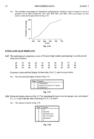 32
Stem
2
3
4
ORGANIZING DATA [CHAP. 2
Leaves
2 3 6 8 8 9 9
0 0 0 0 0 3 4 4 5 6 7 7 7 8 8 8
0 0 0 0 0 4 5
Am. The cumulative percentages are obtained by multiplying the cumulative relative frequencies given in
problem 2.21 by 100 to obtain 0%, 12%, 44%, 80%, 88%, and 100%.These percentages are then
used to construct the ogive shown in Fig. 2-16.
Stem
2
2
3
3
4
4 5
I I I 1 1 I
Leaves
2 3
6 8 8 9 9
0 0 0 0 0 3 4 4
5 6 7 7 7 8 8 8
0 0 0 0 0 4
500 550 600 650 700 750
Grams
Fig. 2-16
STEM-AND-LEAF DISPLAYS
2.23 The mathematical competency scores of 30junior high students participating in an educational
study are as follows:
30 35 28 44 33 22 40 38 37 36
28 29 30 30 40 30 34 37 38 40
38 34 40 37 23 26 30 45 29 40
Construct a stem-and-leaf display for these data. Use 2, 3, and 4 as your stems.
Ans. The stem-and-leaf display is shown in Fig. 2- 17.
Fig. 2-18
 
