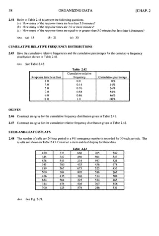 38 ORGANIZING DATA
c
Cumulative relative
Response time less than frequency Cumulative percentage
1.o 0.0 0%
3.O 0.14 14%
5.O 0.26 26%
7.0 0.58 58%
9.0 0.86 86%
11.0 1.o 100% *
[CHAP. 2
450
345
2.44 Refer to Table 2.4 1 to answer the following questions.
(a) How many of the response times are less than 5.0 minutes?
(6) How many of the response times are 7.0 or more minutes?
(c) How many of the response times are equal to or greater than 5.0 minutes but less than 9.0 minutes?
333 660 765 589
347 456 501 543
,
CUMULATIVE RELATIVE FREQUENCY DISTRIBUTIONS
678
345
189
2.45 Give the cumulative relative frequencies and the cumulative percentages for the cumulative frequency
distribution shown in Table 2.4 1.
543 234 597 521
780 435 456 678
567 675 525 453
Arm See Table 2.42.
500 304 805 586 267
456 435 346 514 508
654 564 225 524 465
324 475 505 707 556
700 125 578 286 531
i
OGIVES
2.46 Construct an ogive for the cumulative frequency distribution given in Table 2.4 1.
2.47 Construct an ogive for the cumulative relative frequencydistribution given in Table 2.42.
STEM-AND-LEAF DISPLAYS
2.48 The number of calls per 24-hour period to a 911 emergency number is recorded for 50 such periods. The
results are shown in Table 2.43. Construct a stem-and-leaf display for these data.
Table 2.43
Ans. See Fig. 2-2 I.
 