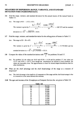 52 DESCRIPTIVEMEASURES
Age
25
30
40
53
29
45
40
55
35
47
[CHAP. 3
Income
23,500
25,000
30,000
47,500
32,000
37,500
32,000
50,500
40,000
43,750
MEASURES OF DISPERSION: RANGE, VARIANCE, AND STANDARD
DEVIATION FOR UNGROUPED DATA
3.6 Find the range, variance, and standard deviation for the annual returns of the mutual funds in
Table 3.5.
Ans. The range is 40.0 - (-5.5) =45.5.
(455.2)*
10.060-
(Cx)2
c x 2--
30
= 108.7275and the standard
The variance is given by s2 = n --
n-1 29
deviation is s = 0= J m -= 10.43.
3
.
7 Find the range, variance,and standard deviation for the selling prices of homes in Table 3.7.
Ans. The range is 525 - 50 =475.
(3083)
812,884-----
(Cx)2
zx2--
The variance is given by s2 = n -
- 2o = 17,770.5026 and the
standard deviation is s = o=
4
- = 133.31.
n-1 19
range
4
3.8 Compare the values of the standard deviations with -for problems 3.6 and 3.7.
Ans. For problem 3.6, the values are 10.43 and 4 5 3 4 = 11.38 and for problem 3.7, the values are
133.31 and 47Y4 = 118.75. Even though the distributions are skewed in both problems, the
values are reasonably close. The approximation is closer for mound-shaped distributions than for
other distributions.
3.9 What are the chief advantage and the chief disadvantage of the range as a measure of
dispersion?
Am. The chief advantage is the simplicity of computationof the range and the chief disadvantageis that
it is insensitive to the values between the extremes.
3
.
1
0 The ages and incomes of the 10employeesat ComputerServices Inc. are given in Table 3.8.
Table 3.8
 