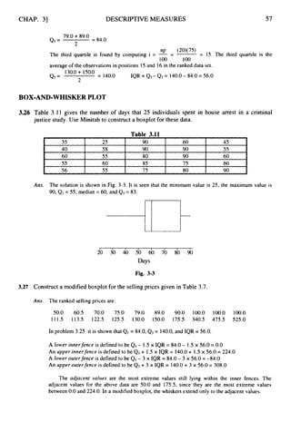 CHAP. 31 DESCRIPTIVEMEASURES
35
40
60
55
56
57
25 90 60 45
58 90 90 55
55 80 90 60
60 85 75 60
55 75 80 90
79.0+89.0
2
= 84.0
QI=
The third quartile is found by computing i = - -
- ~ = 15. The third quartile is the
"P (20)(75)
100 100
averageof the observationsin positions 15 and 16in the ranked data set.
130.0+ 150.0 = 140.0
IQR = Q3- QI = 140.0- 84.0 = 56.0
2
4 3 =
BOX-AND-WHISKER PLOT
3.26 Table 3.11 gives the number of days that 25 individuals spent in house arrest in a criminal
justice study.Use Minitabto constructaboxplot for these data.
Table 3.11
Ans. The solution is shown in Fig. 3-3. It is seen that the minimum value is 25, the maximum value is
90, QI= 55, median = 60, and QJ = 83.
I I I I I I I 1
20 30 40 50 60 70 80 90
Days
Fig. 3-3
3.27 Construct a modifiedboxplot for the sellingprices given in Table 3.7.
Ans. The ranked selling prices are:
50.0 60.5 70.0 75.0 79.0 89.0 90.0 100.0 100.0 100.0
111.5 113.5 122.5 125.5 130.0 150.0 175.5 340.5 475.5 525.0
In problem 3.25 it is shown that QI= 84.0, Q3= 140.0,and IQR = 56.0.
A lower innerfence is defined to be QI- 1.5 x IQR = 84.0 - 1.5x 56.0 = 0.0
An upper innerfence is defined to be Q3+ 1.5 x IQR = 140.0+ 1.5 x 56.0 = 224.0
A lower outerfence is defined to be Q, -3 x IQR = 84.0- 3 x 56.0 = -84.0
An upper outerfence is defined to be Q3+ 3 x IQR = 140.0+ 3 x 56.0 = 308.0
The adjacent values are the most extreme values still lying within the inner fences. The
adjacent values for the above data are 50.0 and 175.5, since they are the most extreme values
between 0.0 and 224.0. In a modified boxplot, the whiskersextend only to the adjacent values.
 